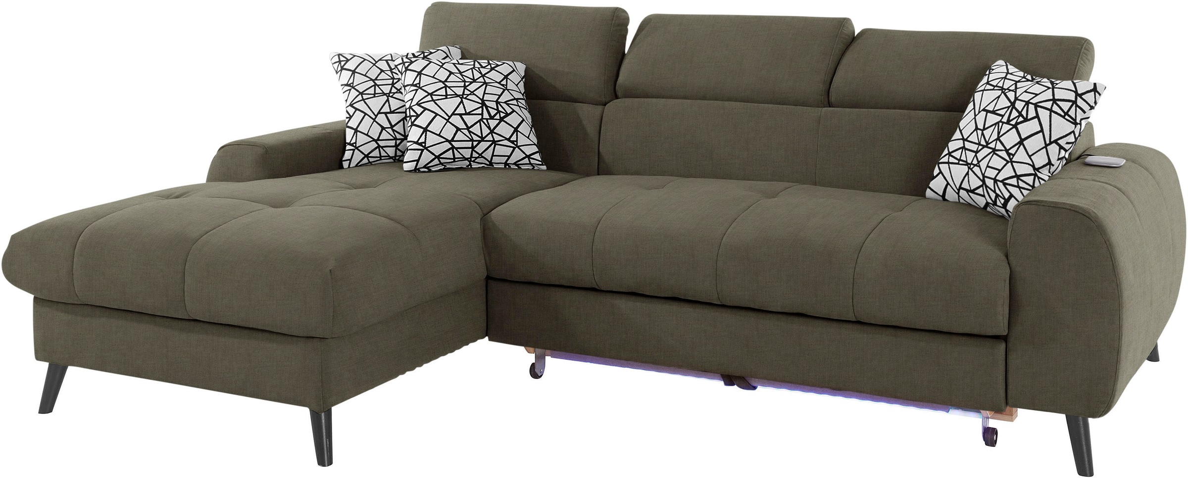 COTTA Ecksofa »Mia L-Form mit 3 Zierkissen«, wahlweise mit Bettfunktion, Bettkasten, Beleuchtung & Wireless-Charger