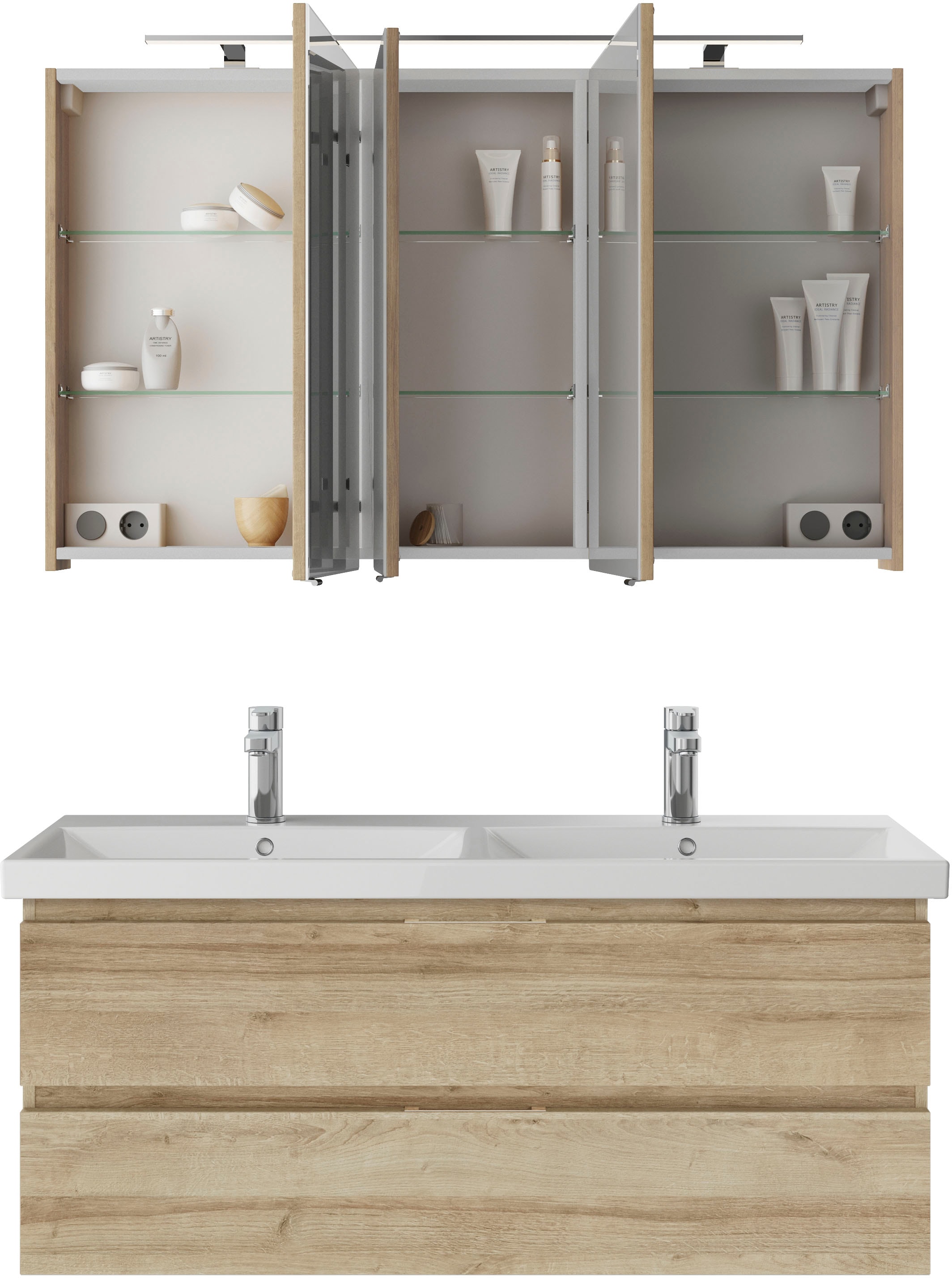 Saphir Badmöbel-Set »Serie 4035 2-teilig, Keramik-Doppelwaschtisch mit LED-Spiegelschrank« Set, 