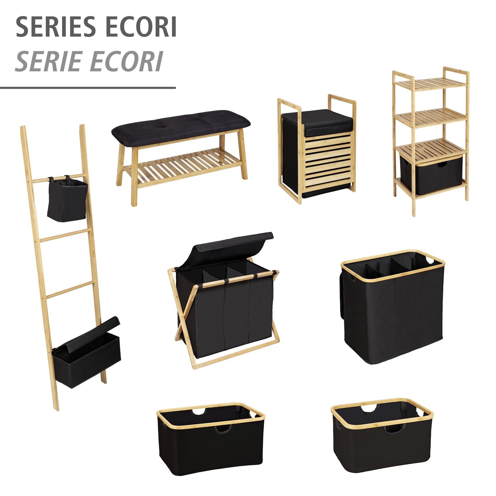 WENKO Wäschekorb »Modell Ecori«, (Set, 2 St.), Aufbewahrungskörbe, recyceltes Polyester mit Bambusrahmen