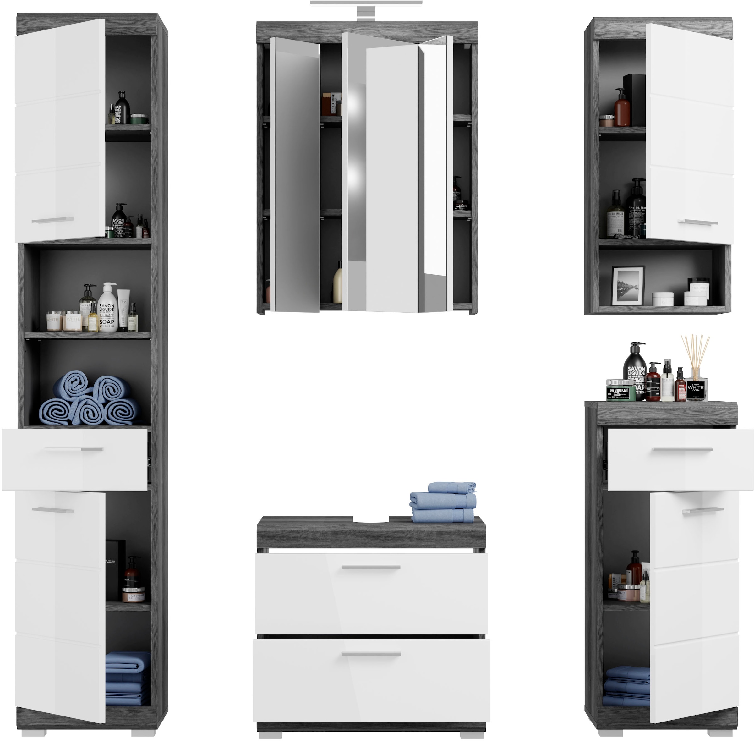 INOSIGN Badmöbel-Set »Siena, 5 teilig, inklusive LED Beleuchtung, bestehend aus:«, (Set, 5 St.), Hochschrank, WBU, Spiegelschrank, Unterschrank, Hängeschrank