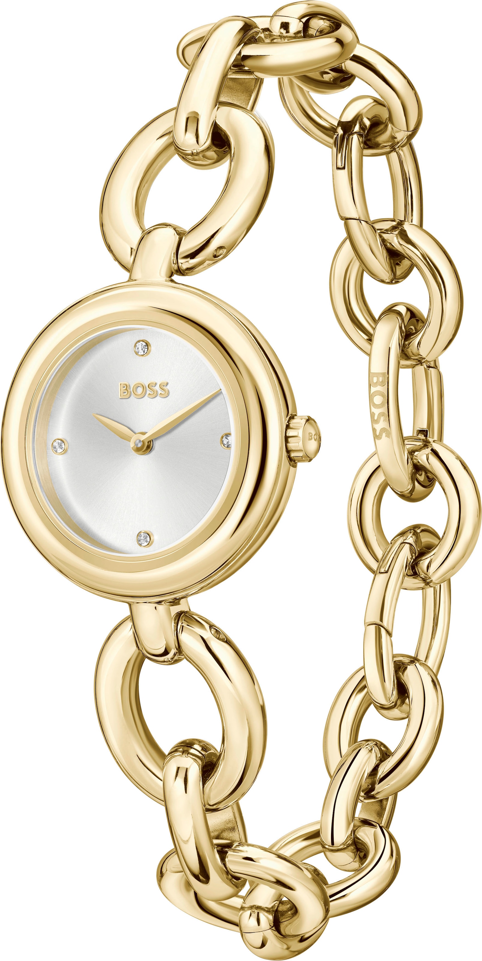 BOSS Quarzuhr »LIVE«, Armbanduhr, Damenuhr, Edelstahlarmband, analog, Glassteine