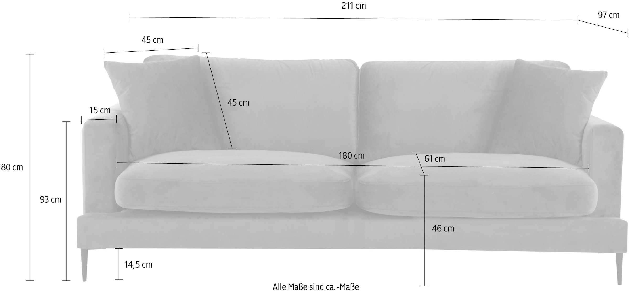 Leonique 3-Sitzer »Cozy elegantes Designsofa, Maße B/T/H: 211/97/80 cm«, mit losen Kissen und Metallbeinen