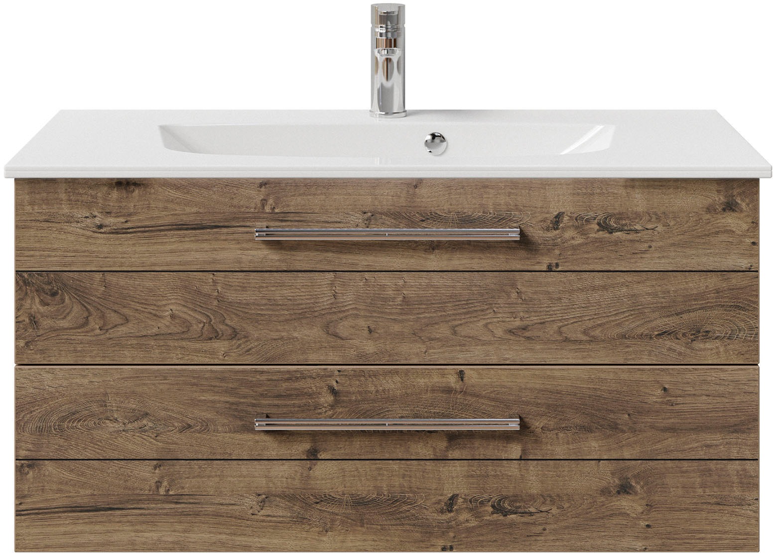 Saphir Badmöbel-Set »Serie 6025 2-teilig Mineralmarmor-Waschtisch mit LED-Spiegelschrank«, (2 St.), Waschplatz 97 cm breit, 2 Schubladen, 3 Spiegel-Türen, inkl Türdämpfer
