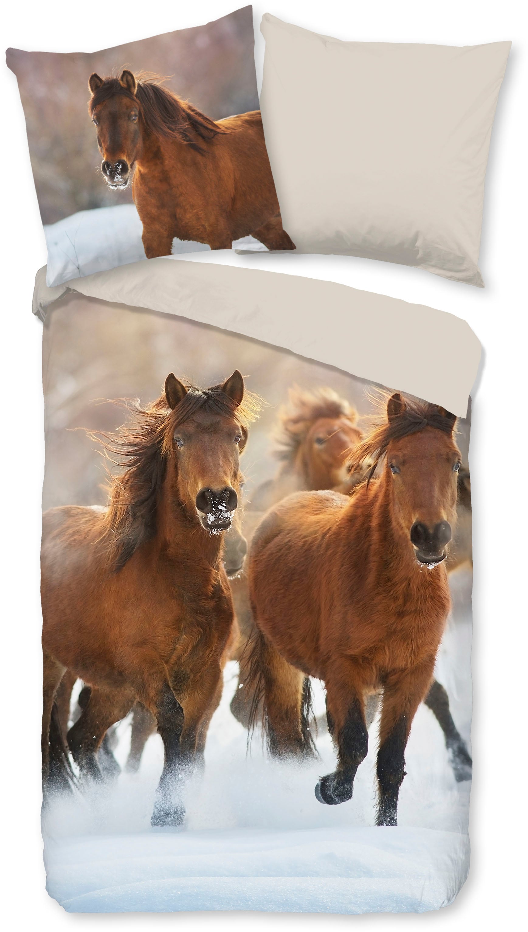 good morning Kinderbettwäsche »Ponies«, Biber, 135x200, Winter, Warm, Reißverschluss, Wendeoptik, Kind, Pferde