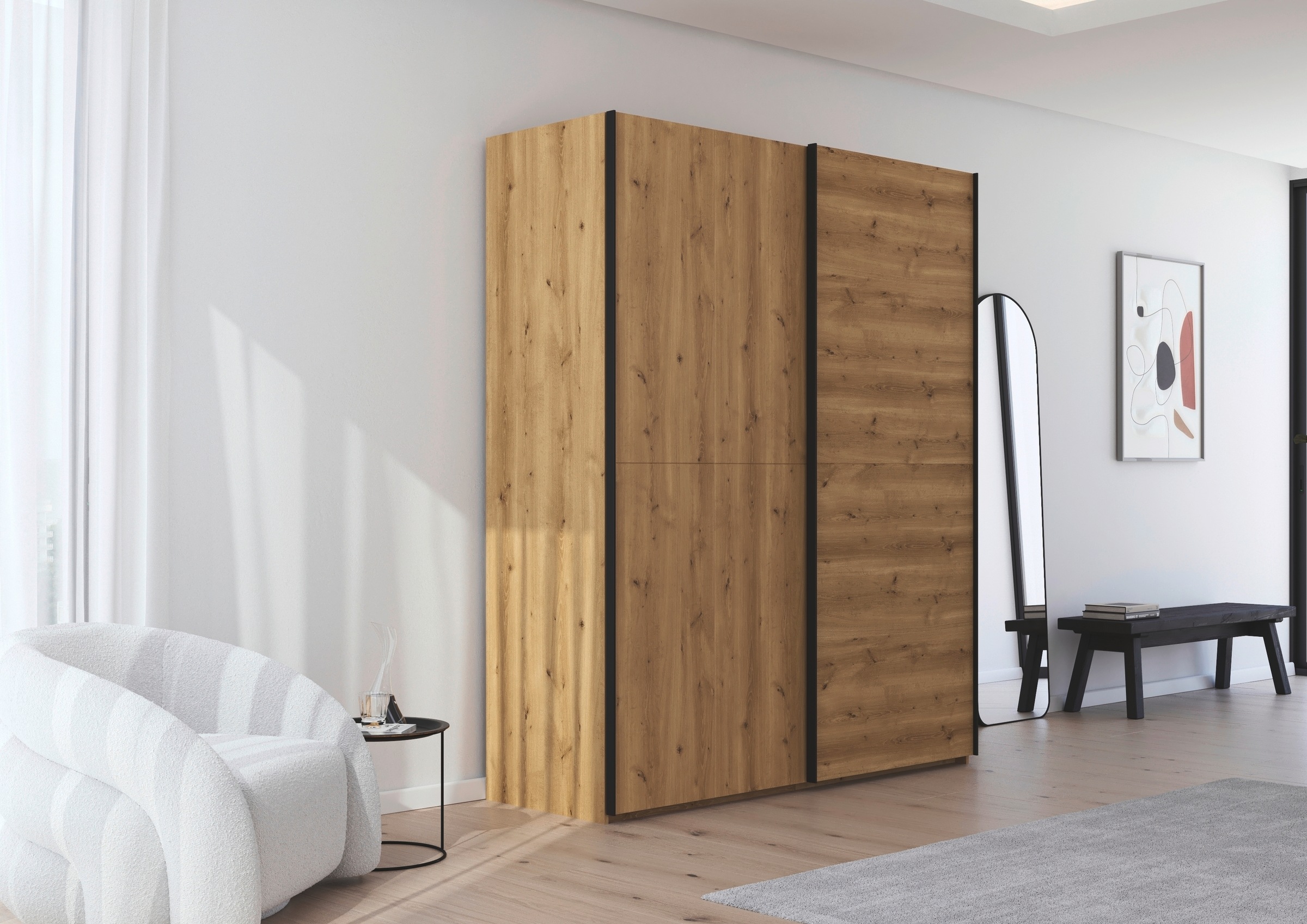rauch Schwebetürenschrank »Kleiderschrank Schrank Garderobe Schlafzimmerschrank SCALE-WOOD«, senkrecht geteilte Türen in robuster massiver Asteiche MADE IN GERMANY