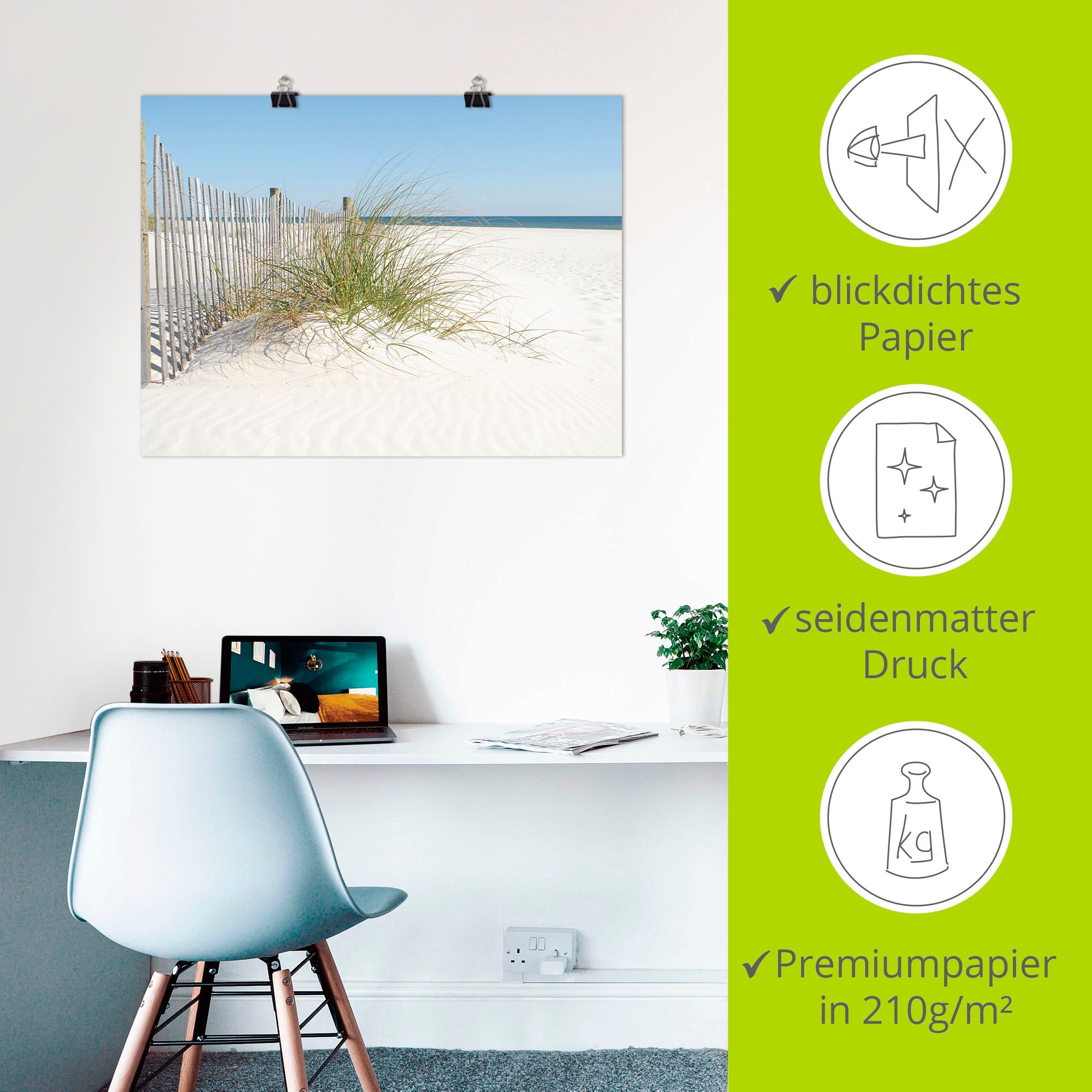 Artland Wandbild »Schöne Sanddüne mit Gräsern und Zaun«, Strand, (1 St.), als Leinwandbild, Poster in verschied. Größen