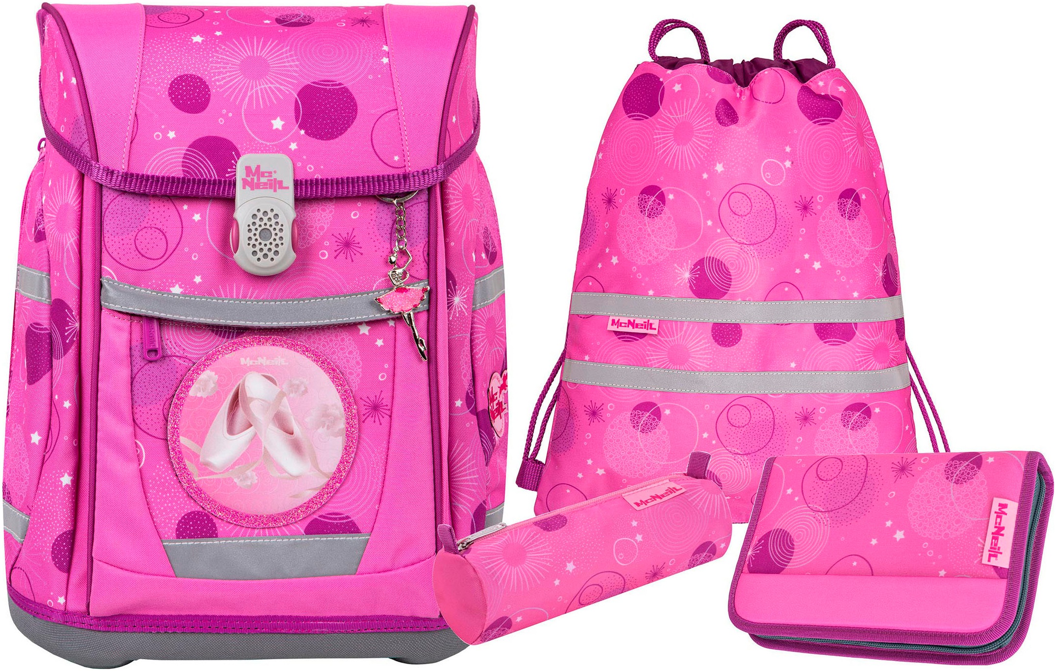 McNeill Schulranzen »Tenero, Pinky«, reflektierende Streifen auf den Schultergurten-retroreflektierende Flächen, inkl. Federmäppchen, Turnbeutel, Schlamperrolle & Motivmagnet