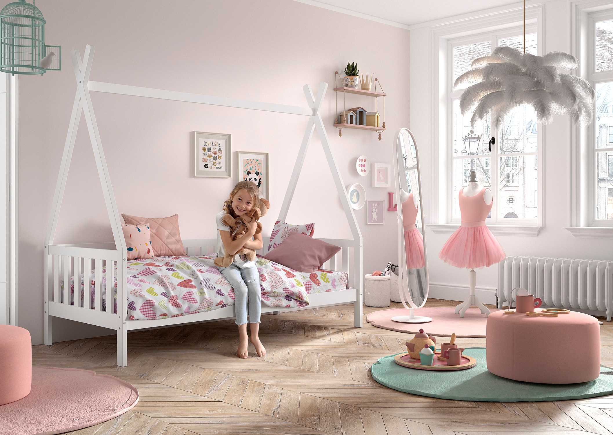 Vipack Massivholzbett »mit Tipi Dach, seitlich und hinten mit Sprossenumrandung« Liegefläche 90/200 cm inkl. Massivholz Rollattenrost,  Korpus aus massiver Kiefer, weiß lackiert