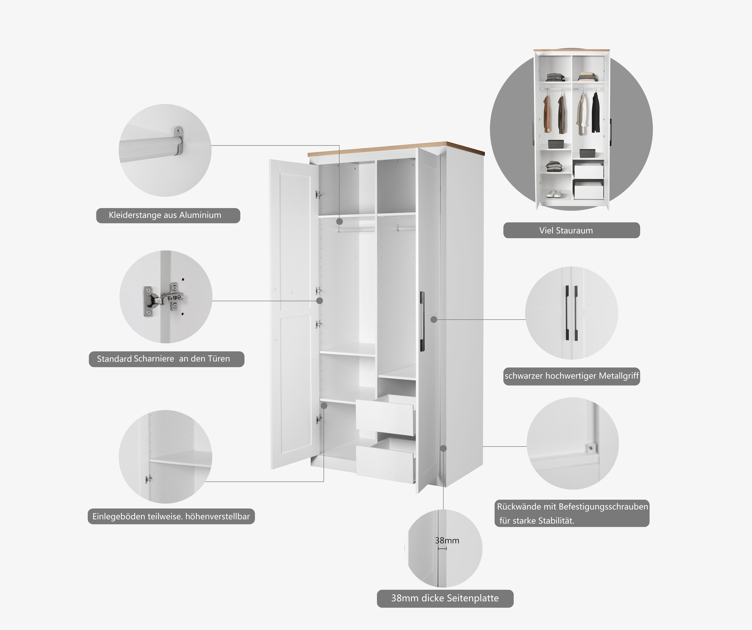 OTTO home Kleiderschrank »Büsum Schlafzimmer Schrank« stabile robuste Bauweise mit optimaler Aufteilung,  Schlafzimmerschrank Landhaus Design Garderobe Schrank Bestseller