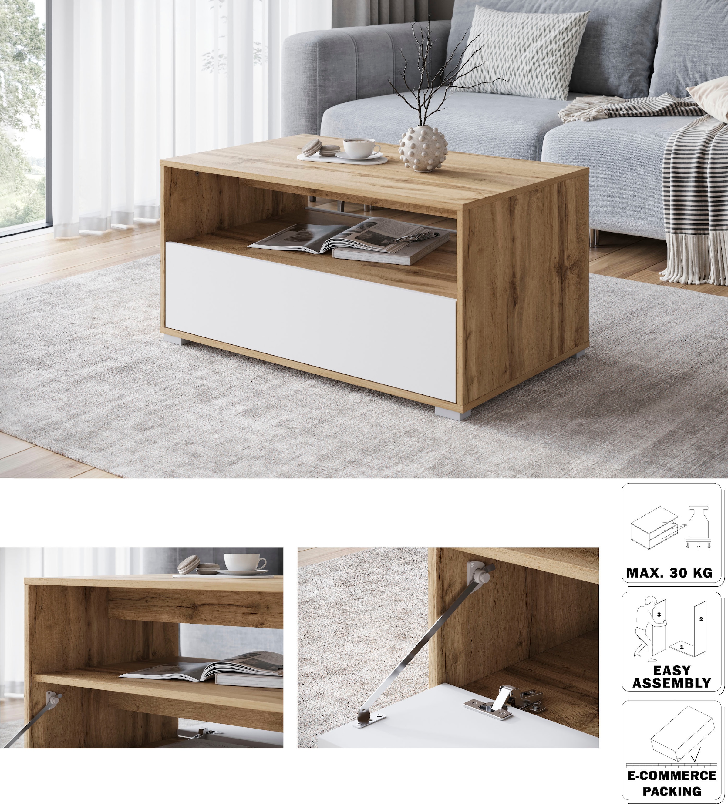 INOSIGN Couchtisch »Kenia«, (1 St.), Rechteckiger Kaffeetisch, 90x55 cm, mit offenem und geschlossenem Fach