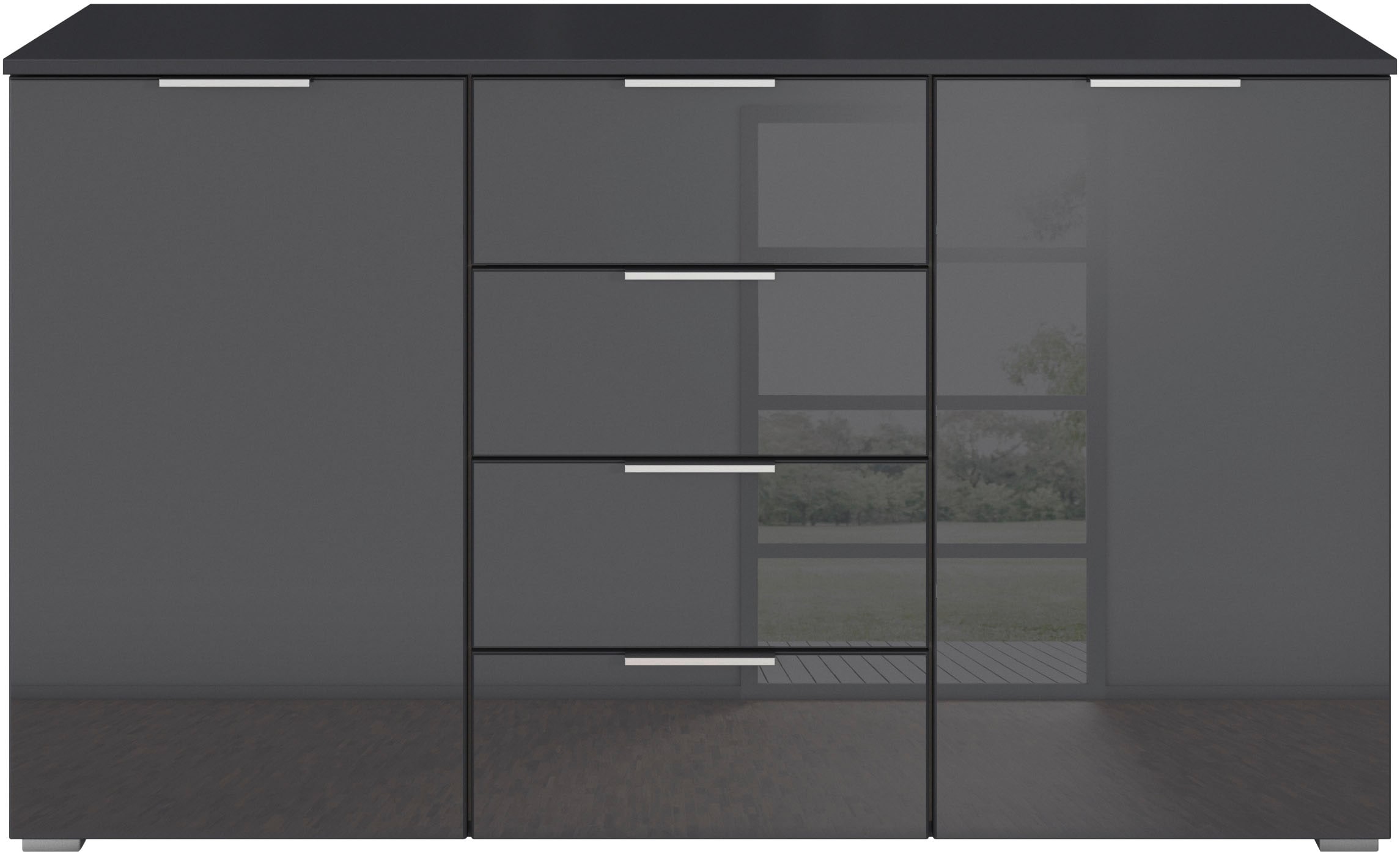 rauch Kombikommode »Sideboard Kombikommode Schubladenkommode AGORDO mit Glasfront«, (in zwei Griff-Farben, Breite 120 cm), vier große Schubladen, mit insgesamt 4 Einlegeböden MADE IN GERMANY