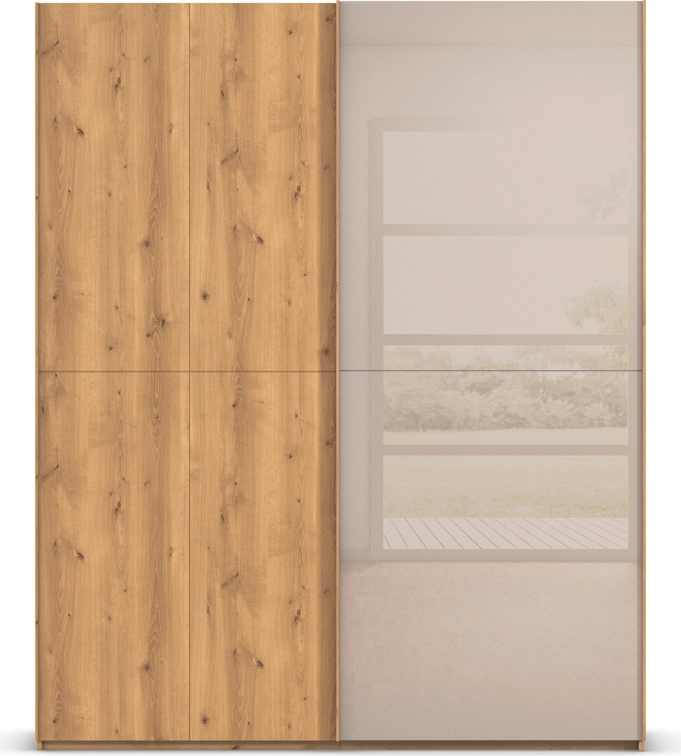rauch Schwebetürenschrank »Kleiderschrank Schrank Garderobe Schlafzimmerschrank SCALE-WOOD«, edle geteilte Front in massiver Asteiche mit Glastüren MADE IN GERMANY