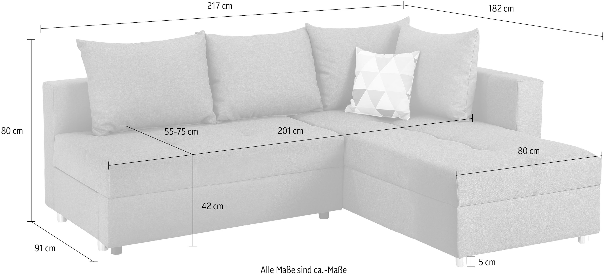 Home affaire Ecksofa »Italia L-Form, B: 217 cm« Bettfunktion, Bettkasten & 1 Zierkissen, Federkern