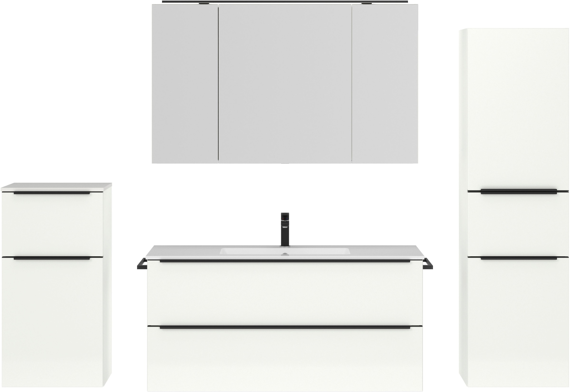 nobilia® Badmöbel-Set »Levere«, (4 St., vormontiert, mit Soft-Close), inkl. Spiegelschrank mit Beleuchtung und Dimmerfunktion, in 4 Breiten