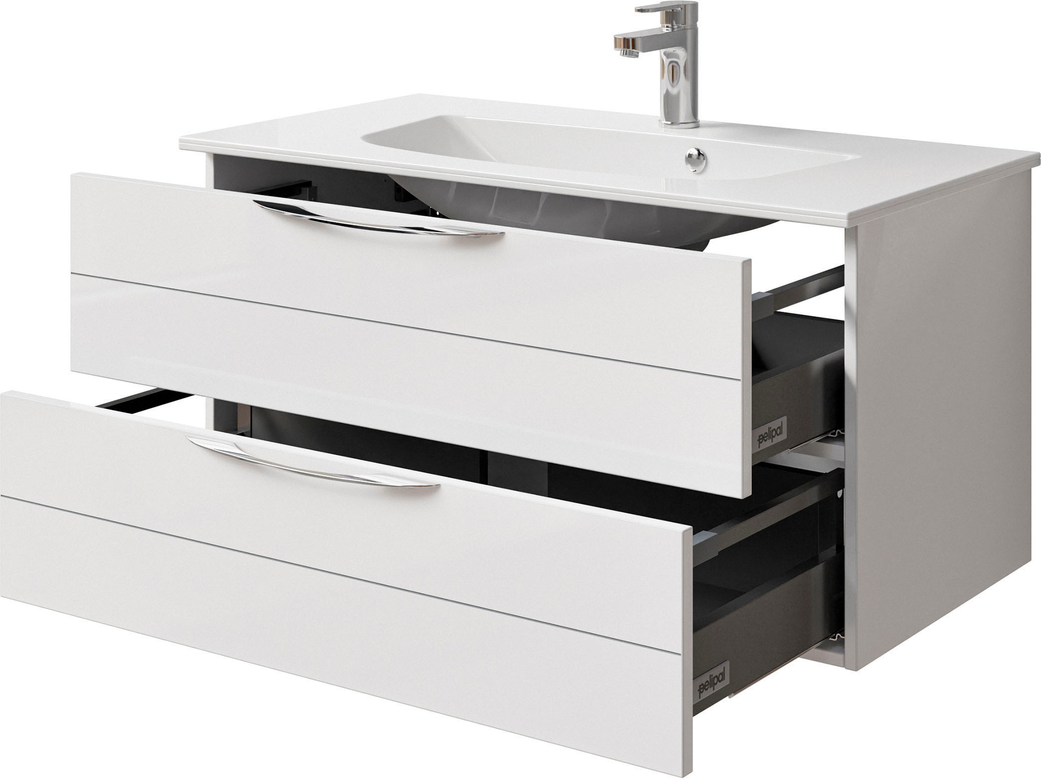 Saphir Badmöbel-Set »Serie 6025 2-teilig Mineralmarmor-Waschtisch mit LED-Spiegelschrank«, (2 St.), Waschplatz 97 cm breit, 2 Schubladen, 3 Spiegel-Türen, inkl Türdämpfer