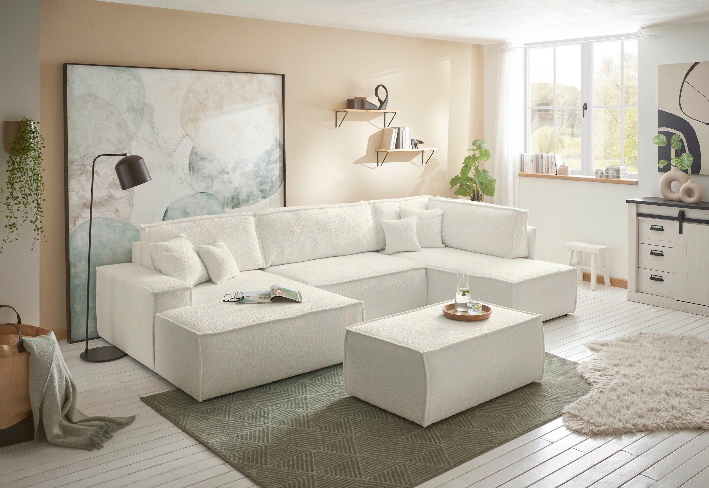 andas Wohnlandschaft »FINNLEY U-Form XXL 329 cm, Schlafsofa, Schlaffunktion m. Bettkasten«, (194/139 cm), Bouclé, Struktur und Cord