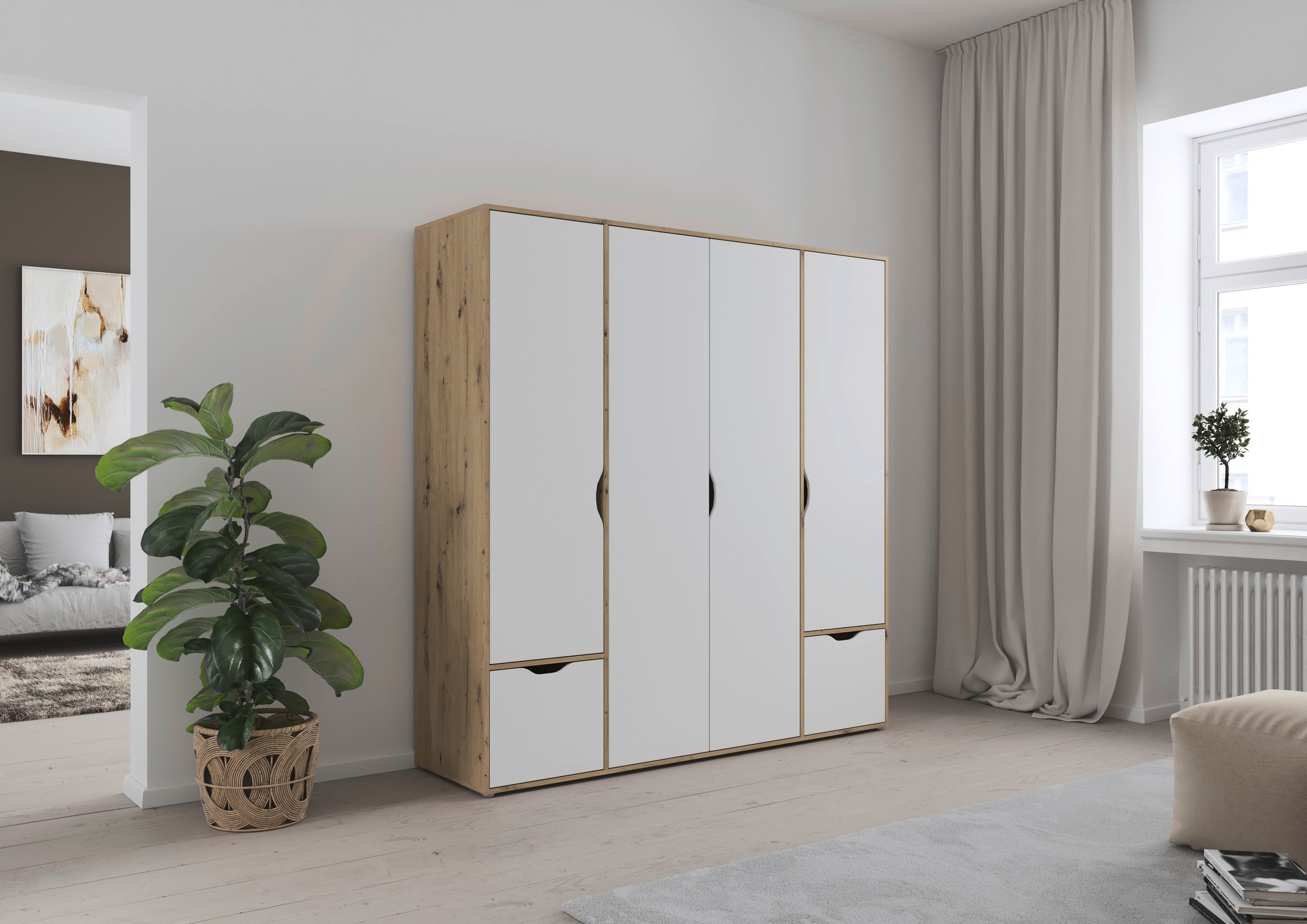 rauch Drehtürenschrank »Kleiderschrank Schrank Garderobe Wäscheschrank NARAI mit Schubladen«, (in 3 verschiedenen Ausstattungen BASIC/CLASSIC/PREMIUM), Griffausfräsungen für eine grifflose Optik TOPSELLER MADE IN GERMANY