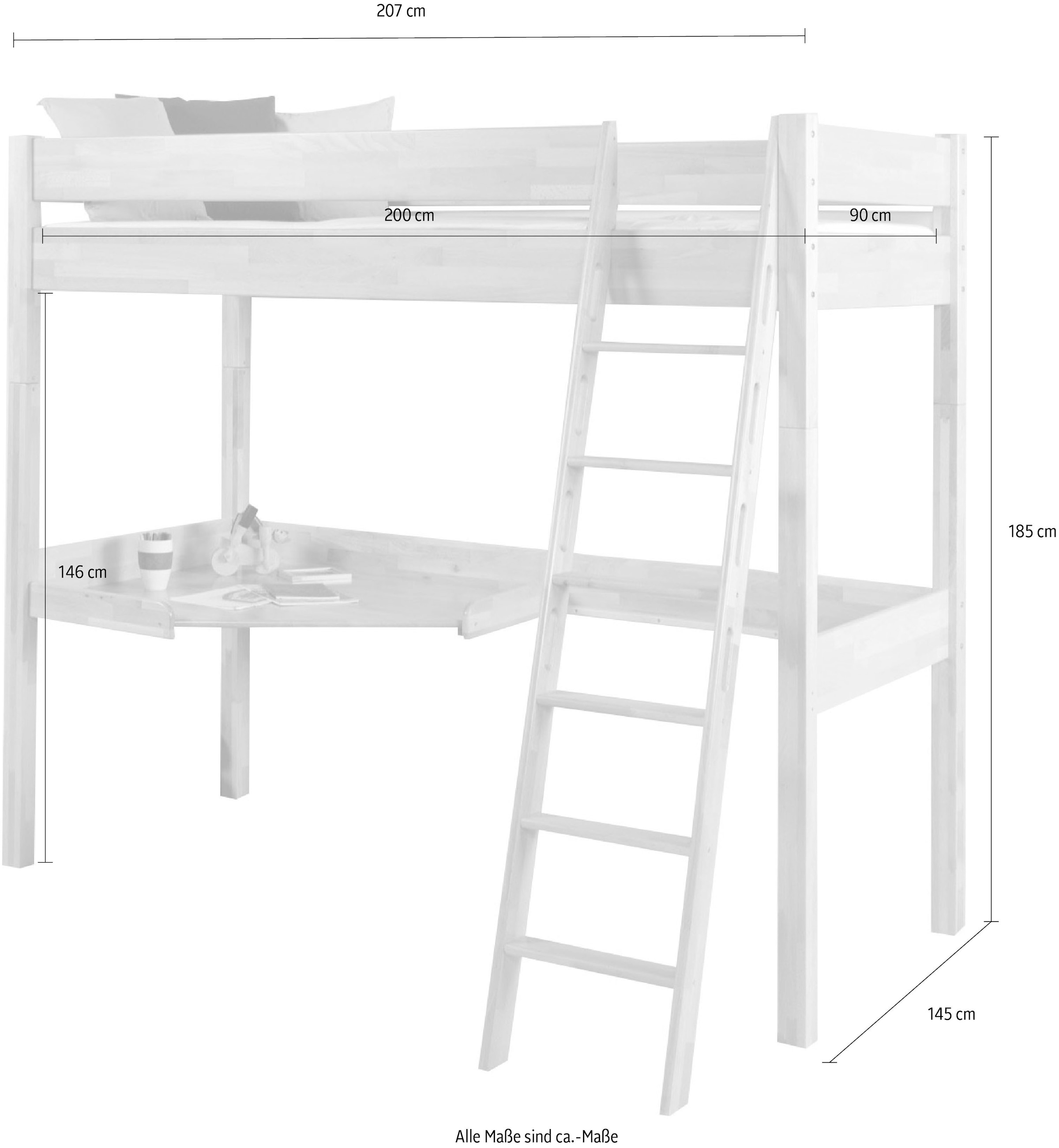 Relita Hochbett »Renate«, inkl. Rolllattenrost, Schreibtisch und Leiter, Buche massiv
