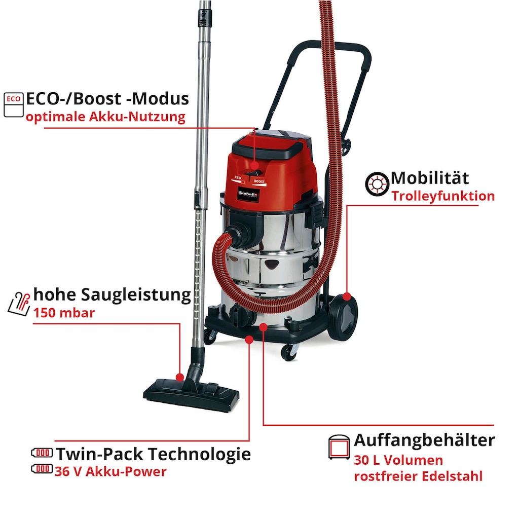 Einhell Nass-Trocken-Akkusauger »TE-VC 36/30 Li S-Solo«, Power X-Change, ohne Akku und Ladegerät