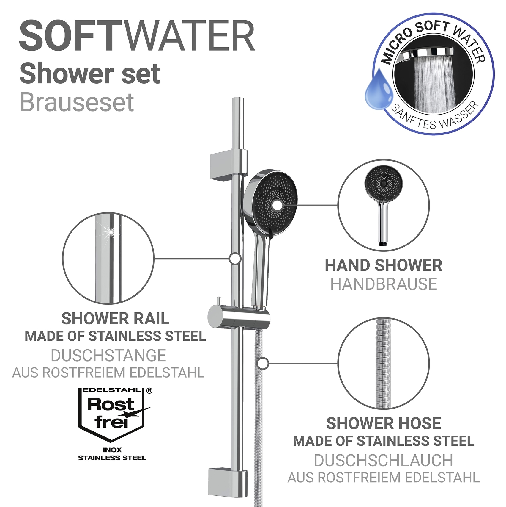 WENKO Brausehalter »Softwater« Set,  Duschstange mit Duschkopf, 3 Strahlarten, Ø 12 cm, mikrofeine Düsen