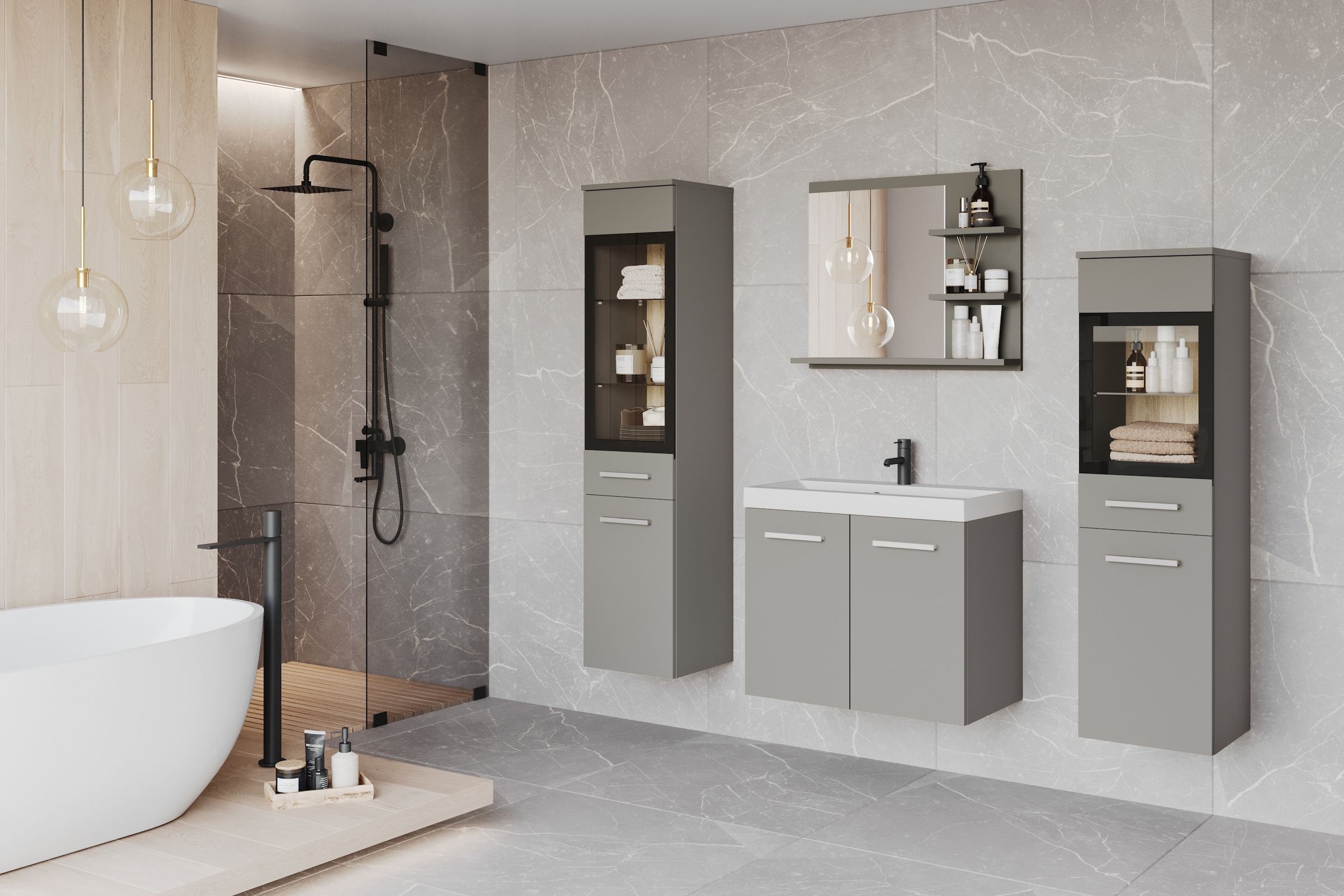 welltime Badmöbel-Set »MADRIT«, (Komplett-Set, 5 St., mit Waschbecken), Waschtisch inkl. Waschbecken, Badschrank, Hochschrank, Spiegel