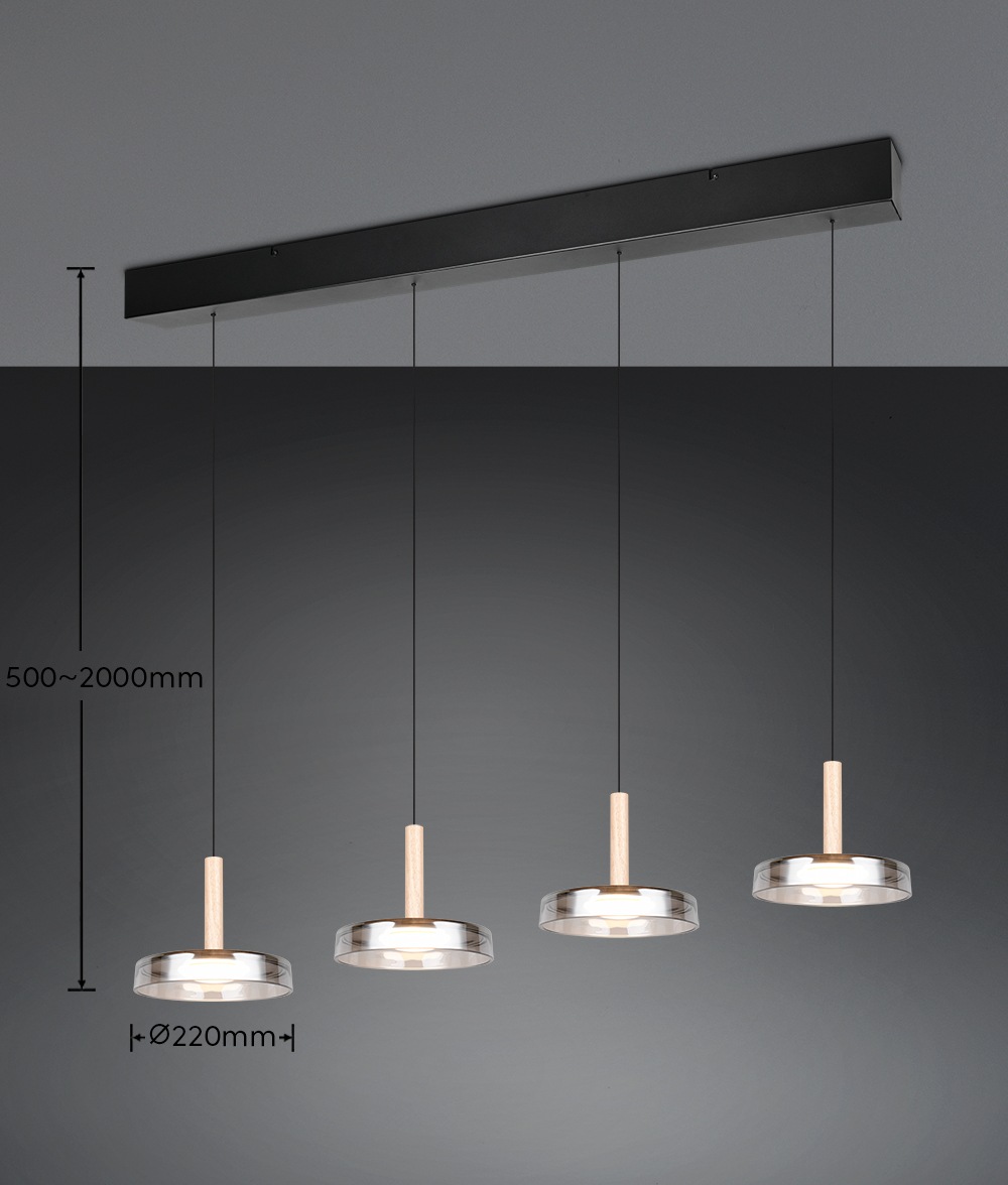 TRIO Leuchten LED Pendelleuchte »CELESTE dimmbare LED Hängelampe aus Metall Glas & Holz, 7,5W 750 Lumen«, 4 flammig, Leuchtmittel LED-Board | LED fest integriert, 4-flammig einfach höhenverstellbar von 50-200 cm 3-Stufen Dimmfunktion