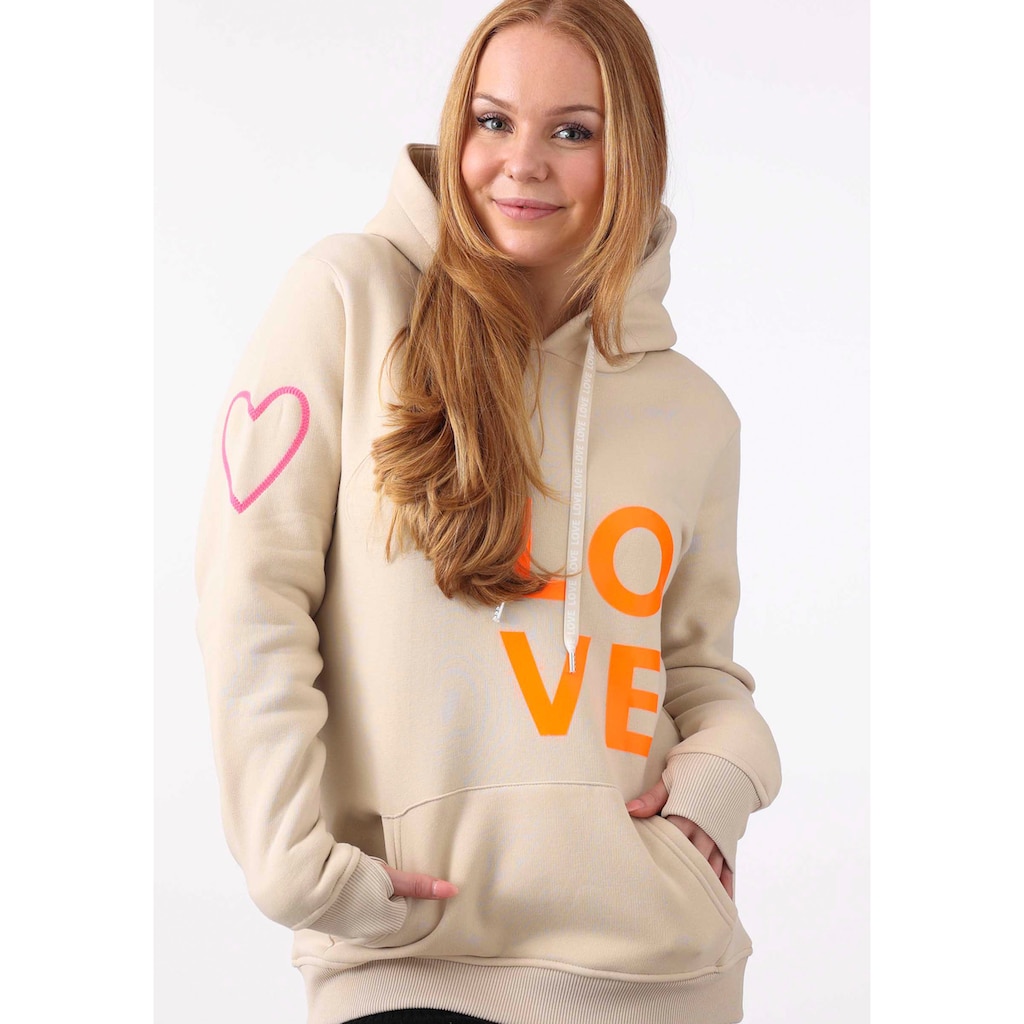 Zwillingsherz Kapuzensweatshirt, mit Aufschrift "LOVE" in Neon