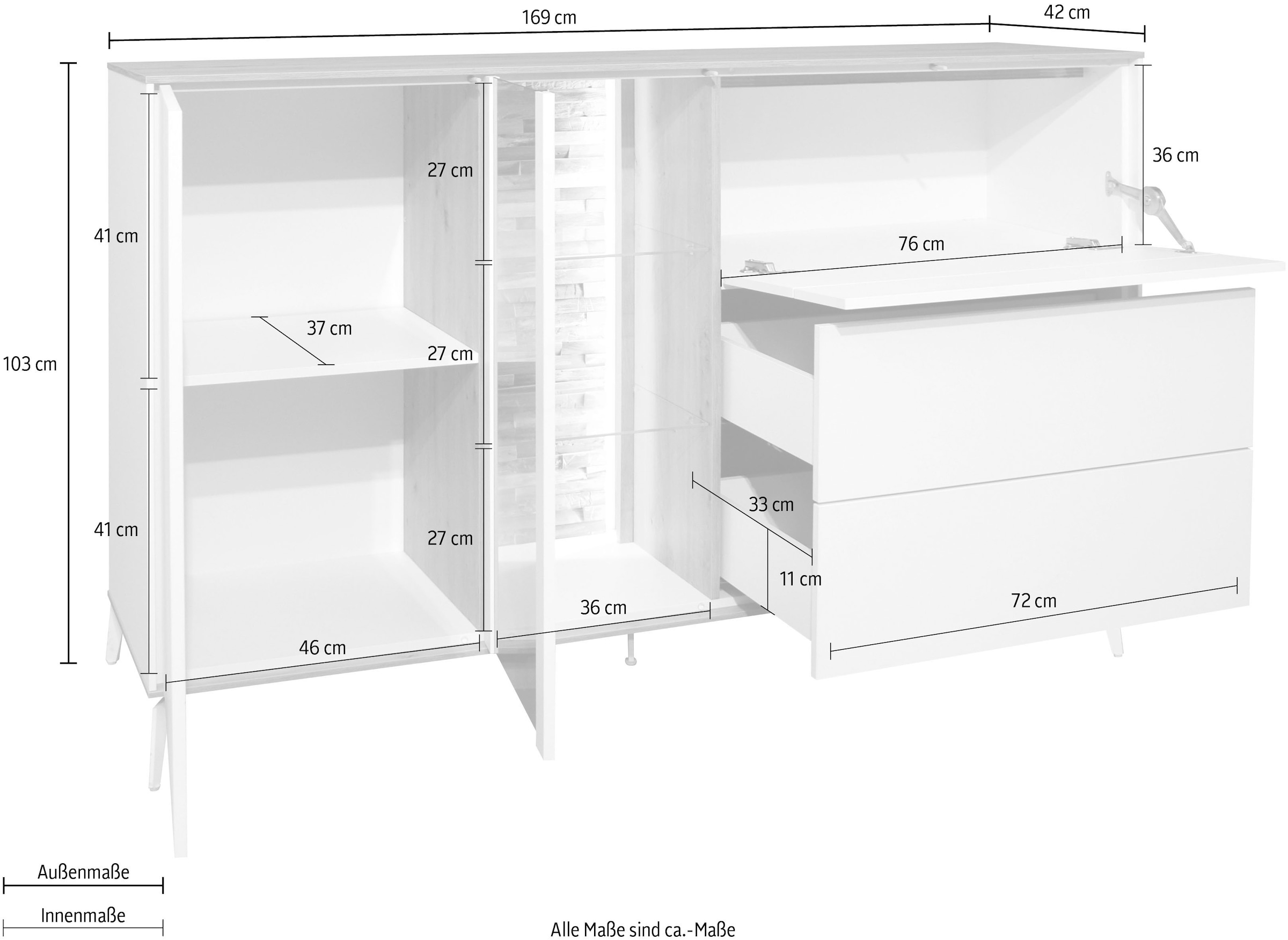 Mäusbacher Kommode, Faro Sideboard B 169 cm, inkl. Beleuchtung, Push to open, Metallfüße