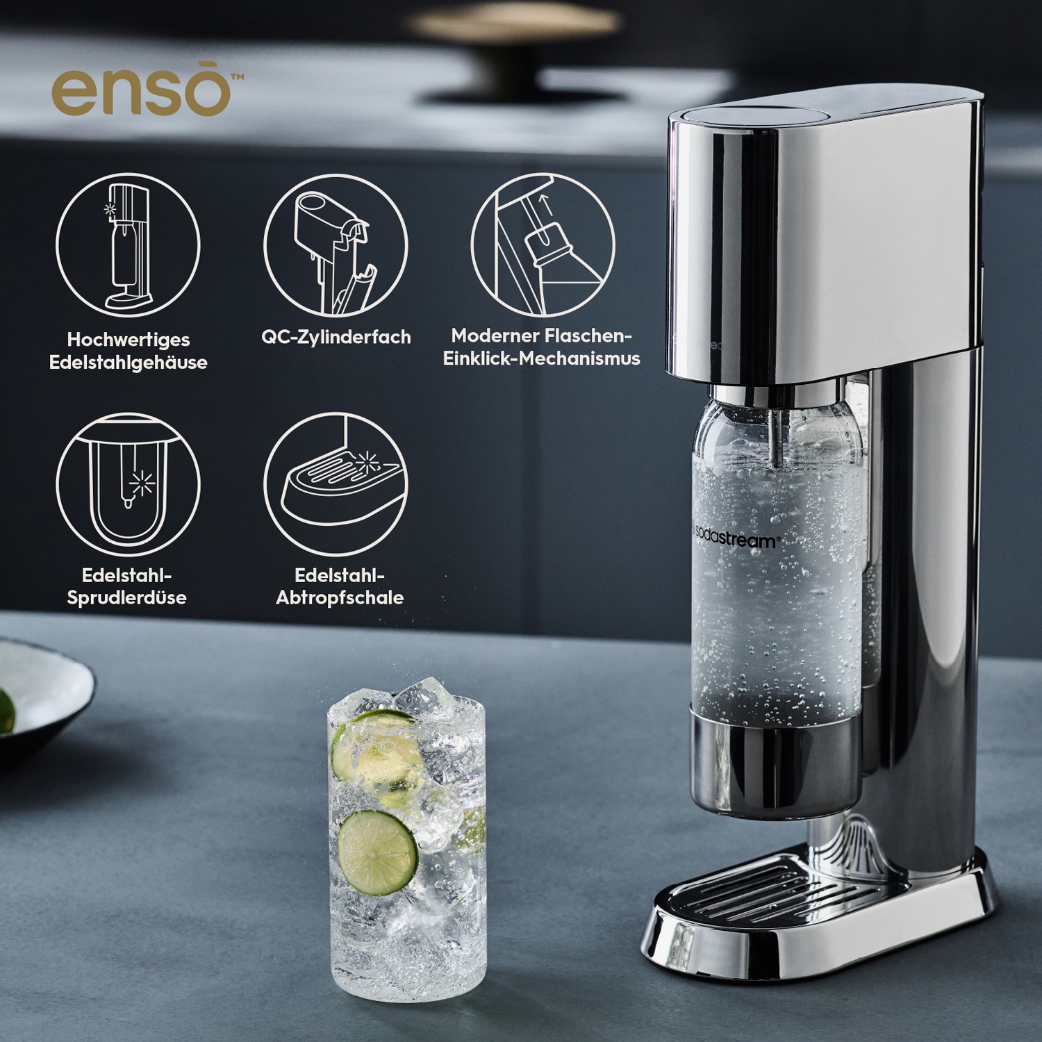 SodaStream Wassersprudler »ENSO, metall, Standard Pack, inkl. 1x Kunststoffflasche 1 l + 1x QC«, (Set, 3 tlg.)