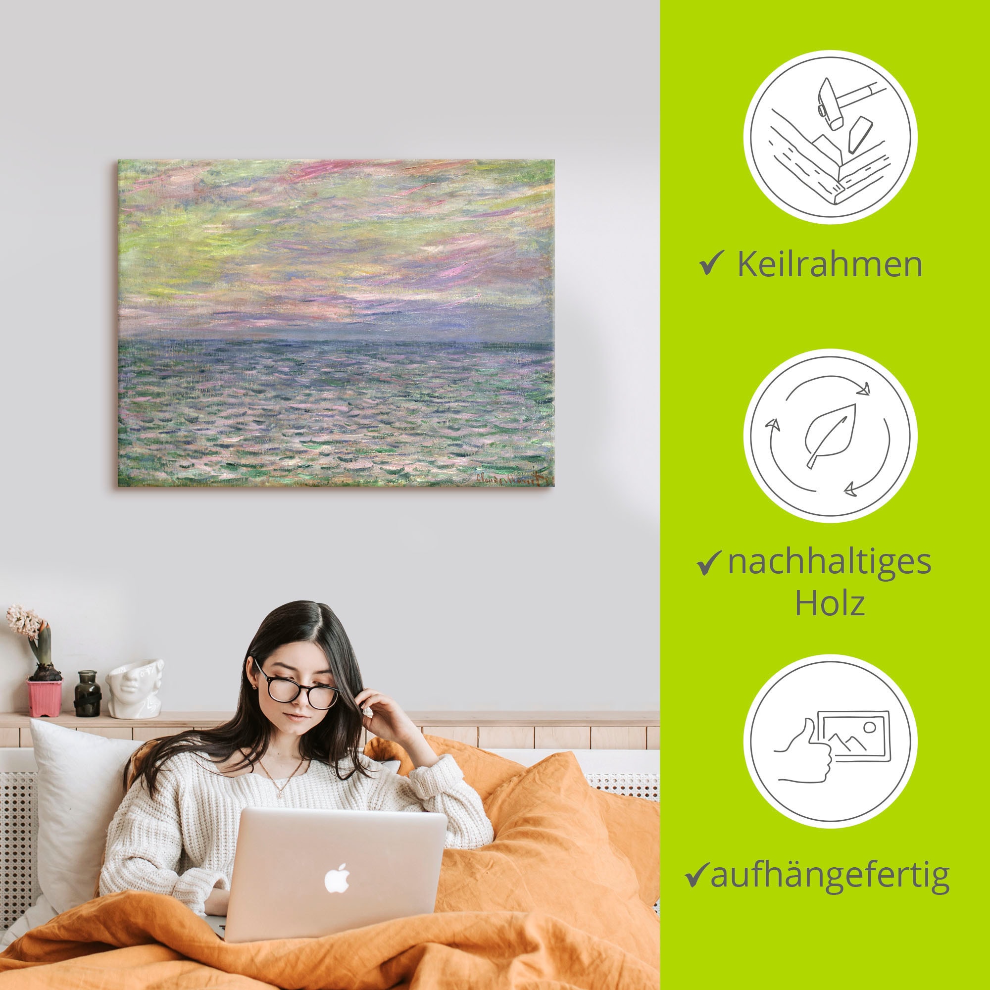 Artland Leinwandbild »Sonnenuntergang über dem Meer Pourville«, Sonnenaufgang & -untergang, (1 St.), auf Keilrahmen gespannt