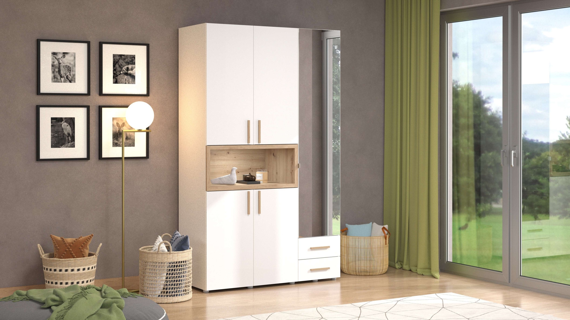 INOSIGN Kleiderschrank »Donald, inklusive Kleiderstangen und Einlegeböden, FSC-zertifiziert«, (134,5 oder 179cm breit, 227cm hoch und 56,5cm tief), In 2 Breiten, mit Spiegel und Schubladen, 1 offenes Fach in Holzoptik