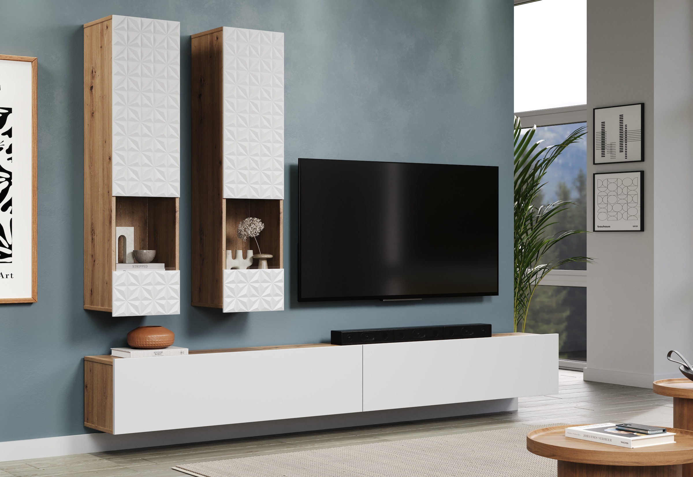 INOSIGN Wohnwand »Rezzo, 2 Hängevitrinen mit Relief-Front, 2 Lowboards je Br. 120 cm«, (Komplett-Set, 4 St.), insgesamt Br. 240 cm, Montage stehend oder hängend