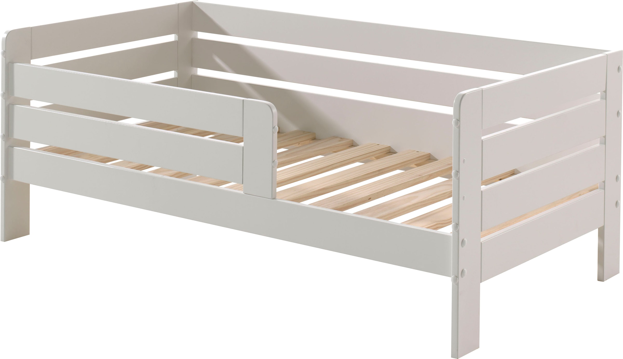 Vipack Kinderbett »Junior, Kiefer massiv lackiert, niedriger Einstieg rechts oder links«, (B/H/T ca. 148x60x76cm, wahlweise mit Schublade, in 2 Farben erhältlich), inklusive Rolllattenrost und umlaufendem Absturzschutz