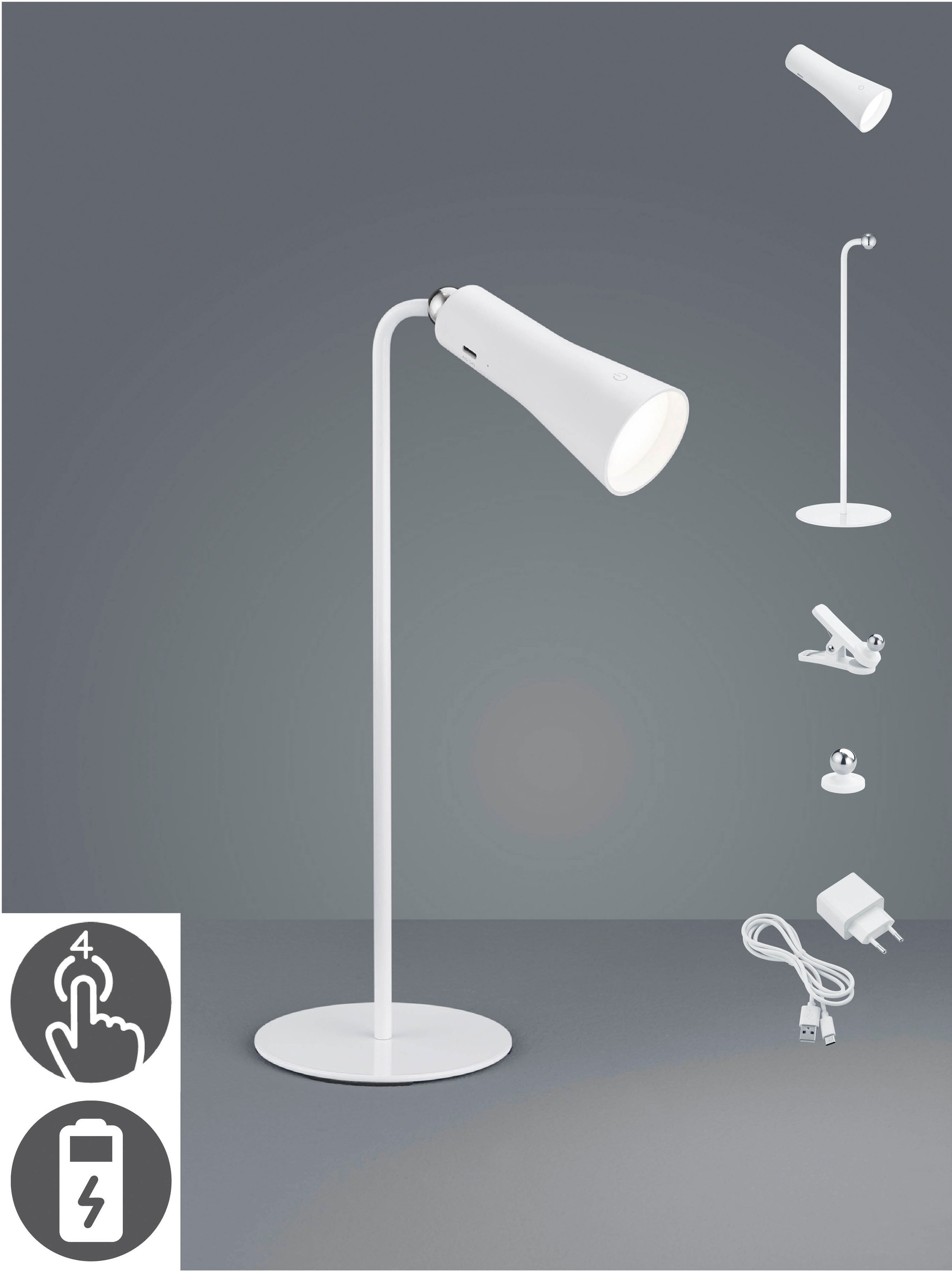 TRIO Leuchten LED Schreibtischleuchte »Maxi«, 1Leuchtmittel LED-Board | LED fest integriert, Klemmleuchte mit Magnet-Halterung, Touchdimmer, USB-C, 2-12h Akku