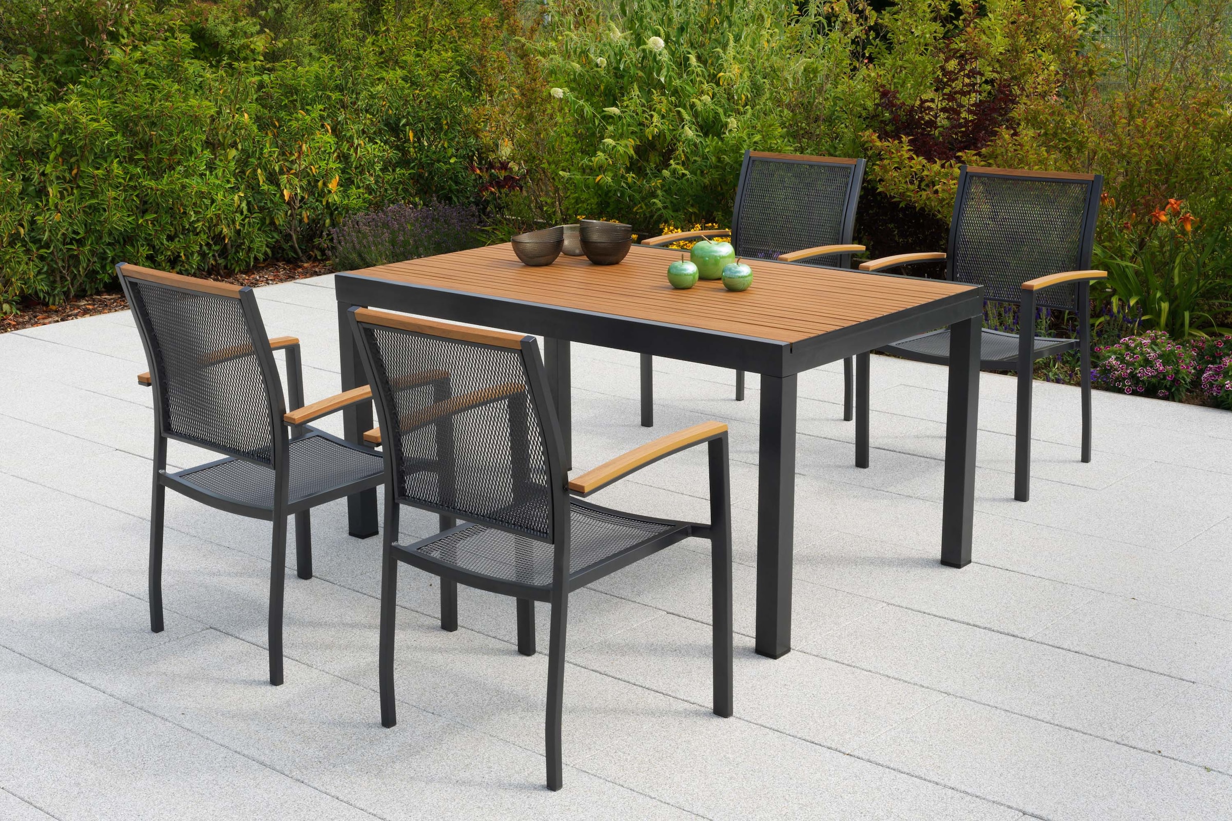 MERXX Garten-Essgruppe »Itanos« Set, 5 tlg. inkl. 4 Stapelsessel, 1 Tisch