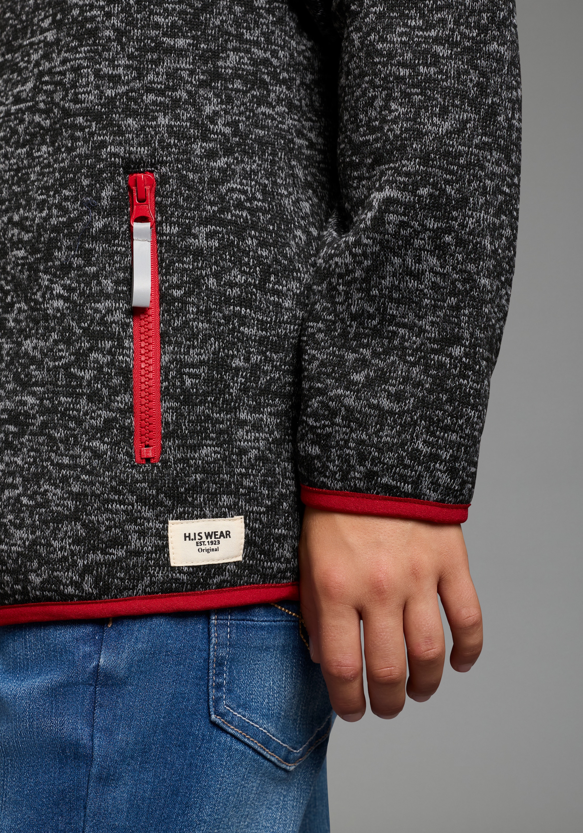 H.I.S Sweatjacke »Fleecejacke von H.I.S in schöner melierter Qualität« Stehkragen-Jacke mit Kontrastpipings, aus Fleece