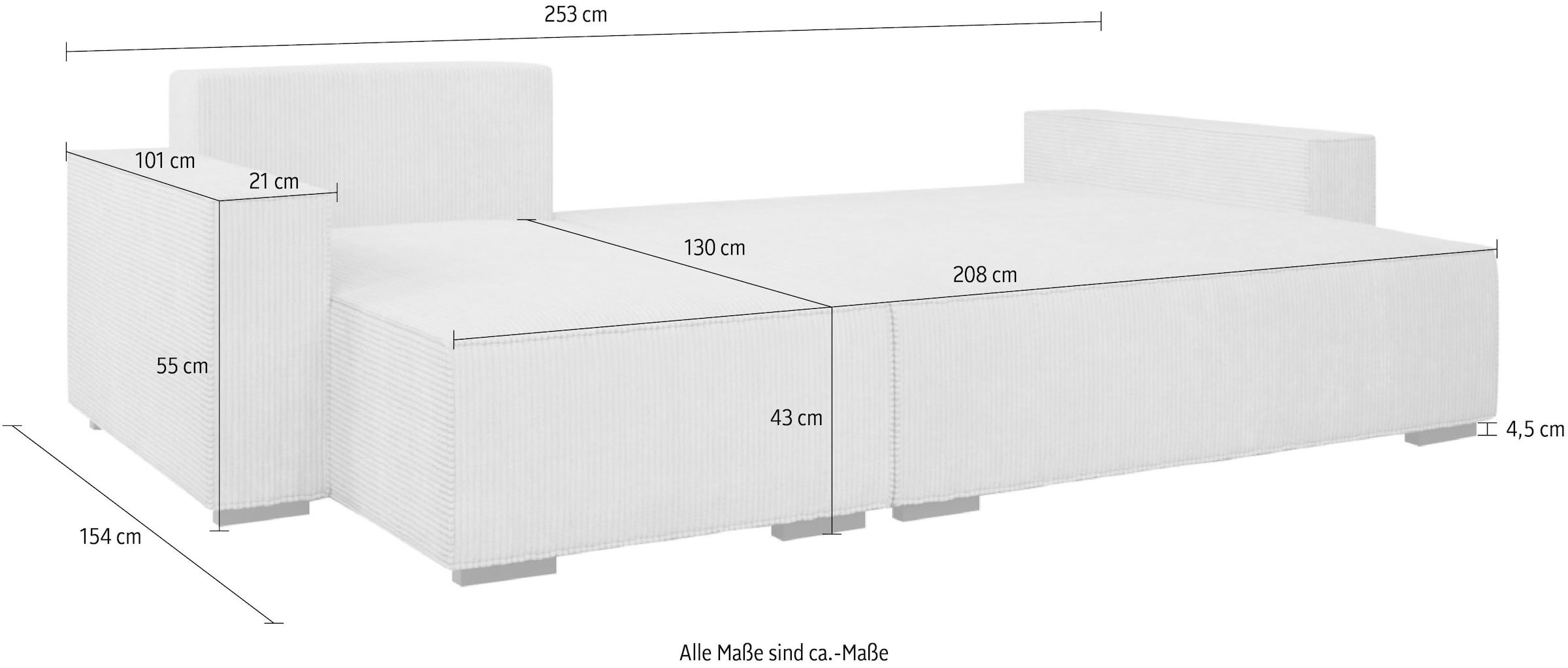 INOSIGN Ecksofa »Winton Cordsofa / Schlafsofa 253 cm«, Cord, Recamiere wechselbar, Schlaffunktion (130/208cm), Bettkasten