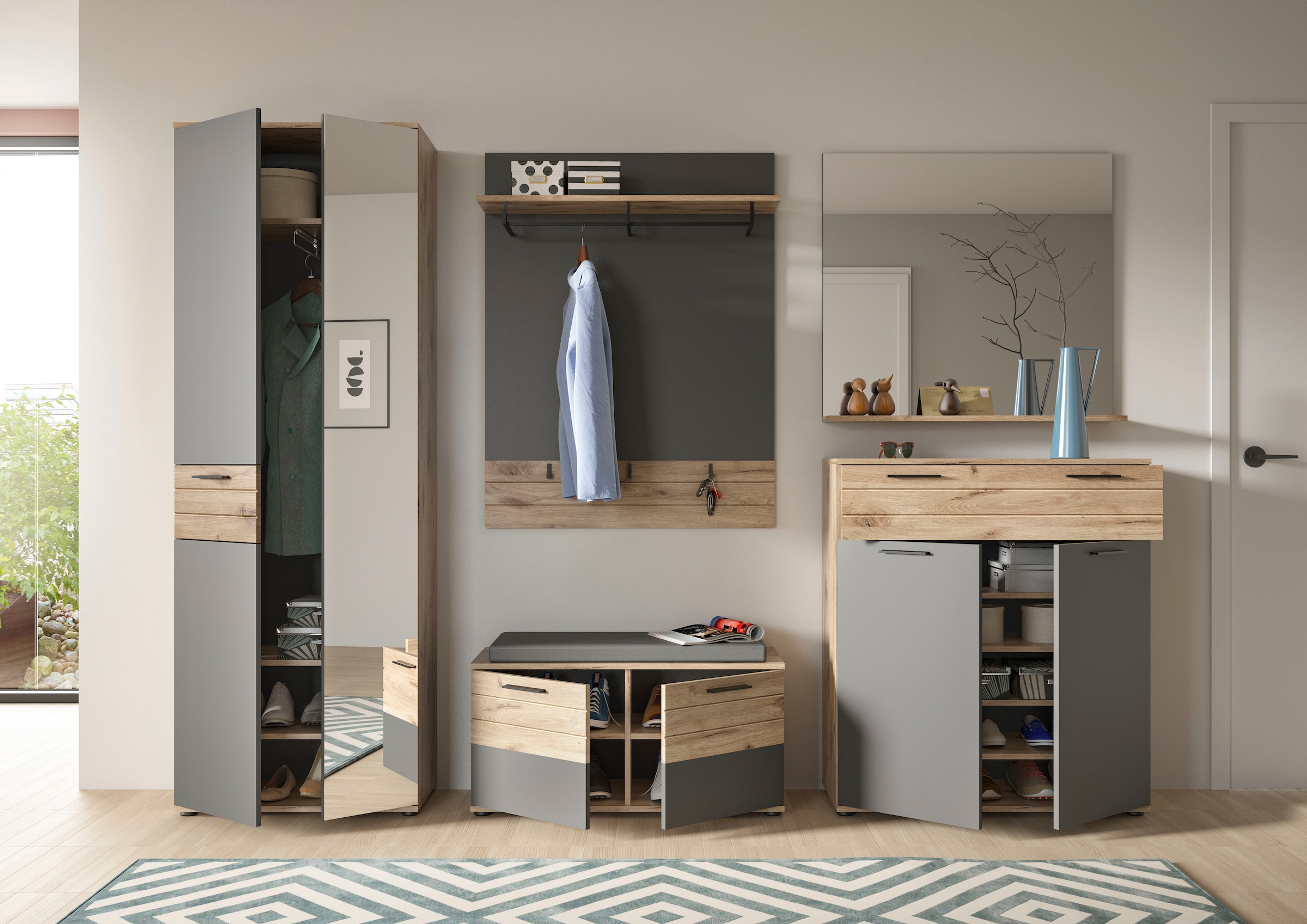 INOSIGN Garderoben-Set »Riga, Breite 280 cm, hochwertige Rillenfräsung, 5-teilig, best. aus:«, (Set, 5 St.), Garderobenschrank, Sitzbank, Paneel, Garderobenspiegel, Schuhkommode