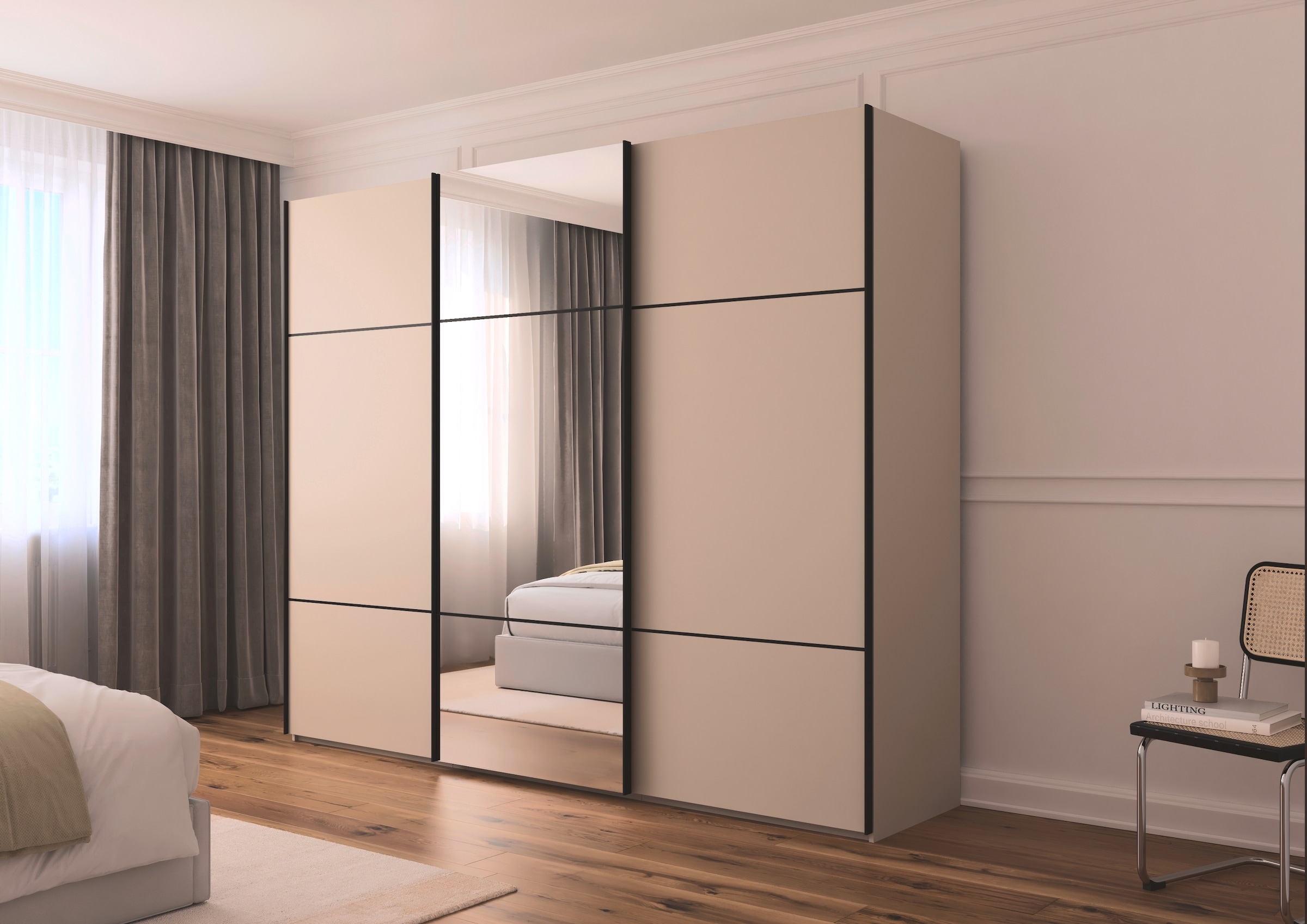 rauch Schwebetürenschrank »Kleiderschrank Schrank Garderobe Schlafzimmerschrank SCALE-TRIO«, edle dreigeteilte Front mit 2 Zierleisten und Spiegel MADE IN GERMANY