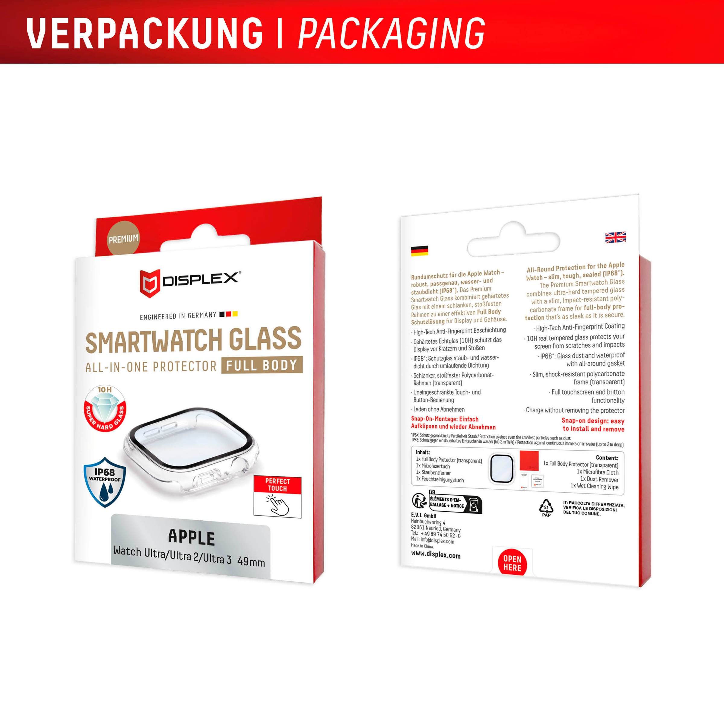 Displex Displayschutzglas »Smartwatch Glass All-In-One Protector Full Body« für Apple Watch Ultra 49 mm;Apple Watch Ultra 2 49 mm;Apple Watch Ultra 3 49 mm Displayschutzfolie, Schutzfolie, Bildschirmschutz, kratz- & stoßfest