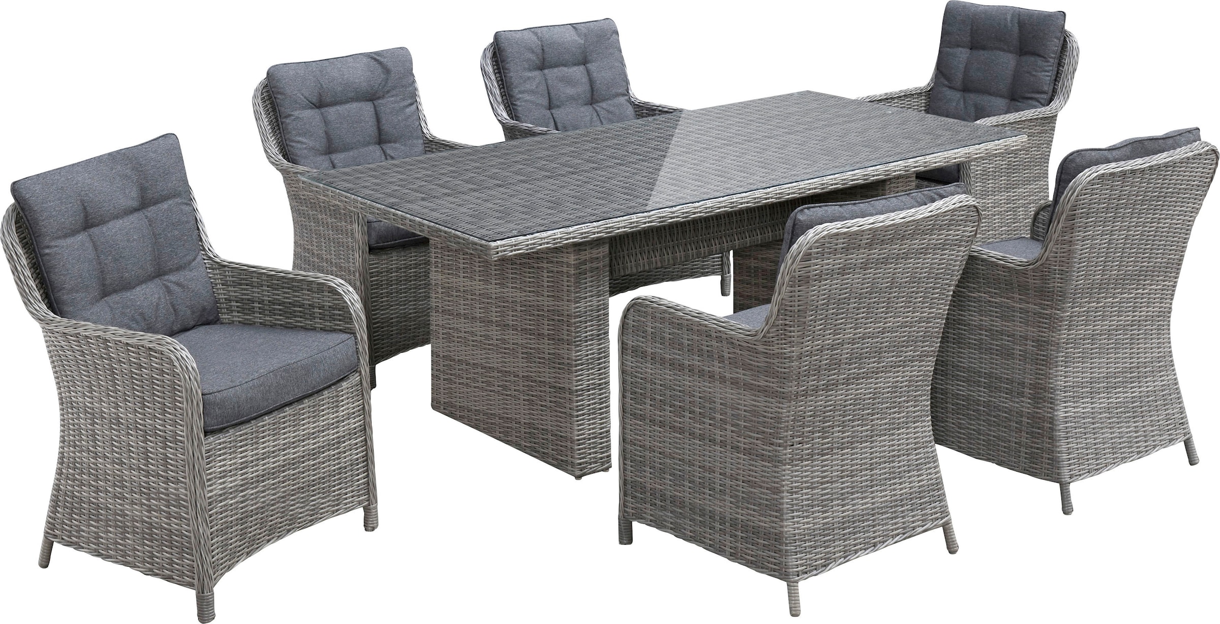 KONIFERA Garten-Essgruppe »»Menorca««, (Set, 19 tlg., 6x Sessel, 1x Tisch 200x100x75 cm, inkl. Auflagen, Alu, Polyrattan), Polyrattan, Aluminium, Tischplatte aus 5mm starkem Sicherheitsglas