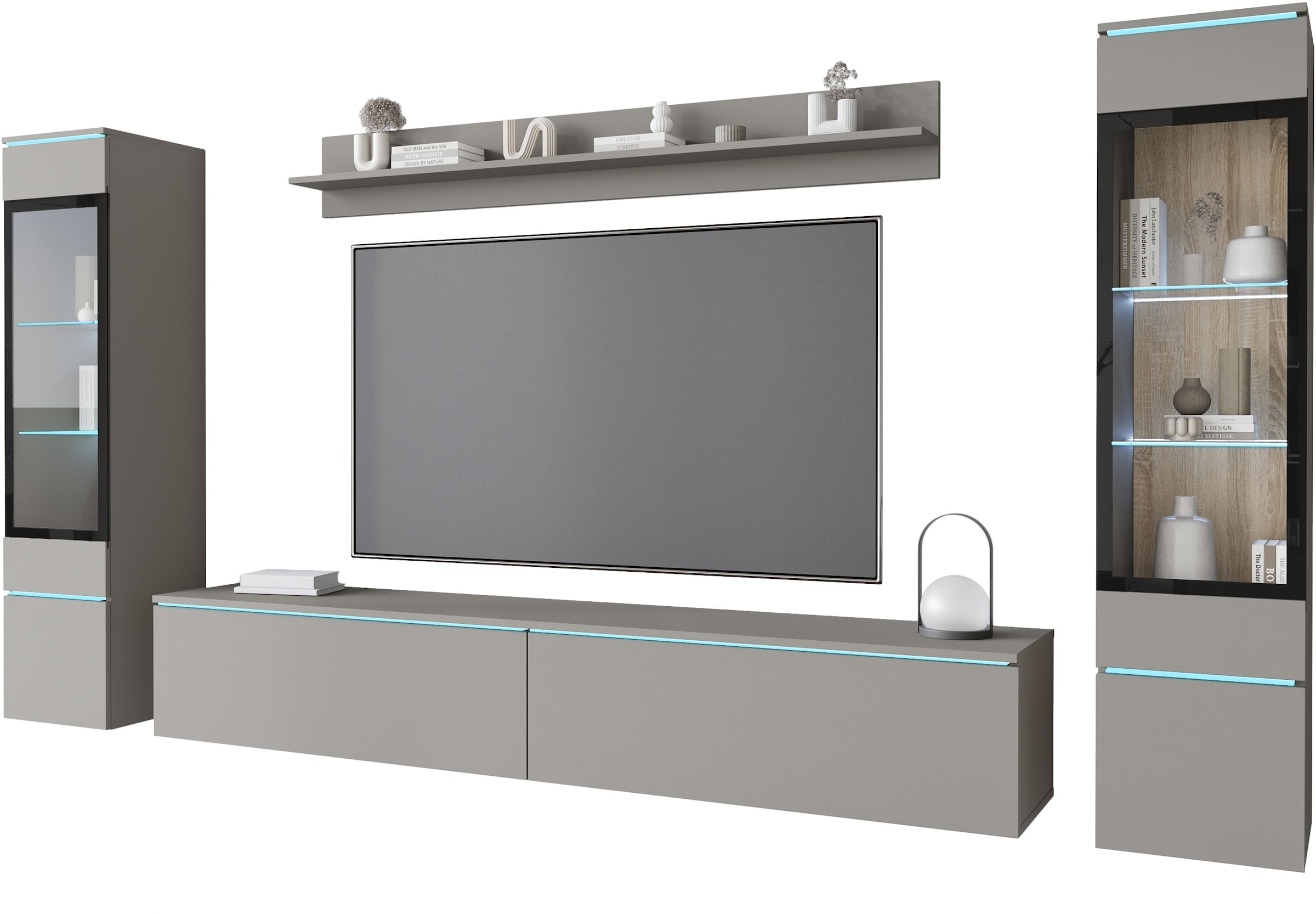 INOSIGN Wohnwand »VERA II, Vitrinen Türanschlag wechselbar«, (Komplett-Set, 4 St.), Mediawand 260 cm, Vitrine mit Verglasung, stehend und hängend