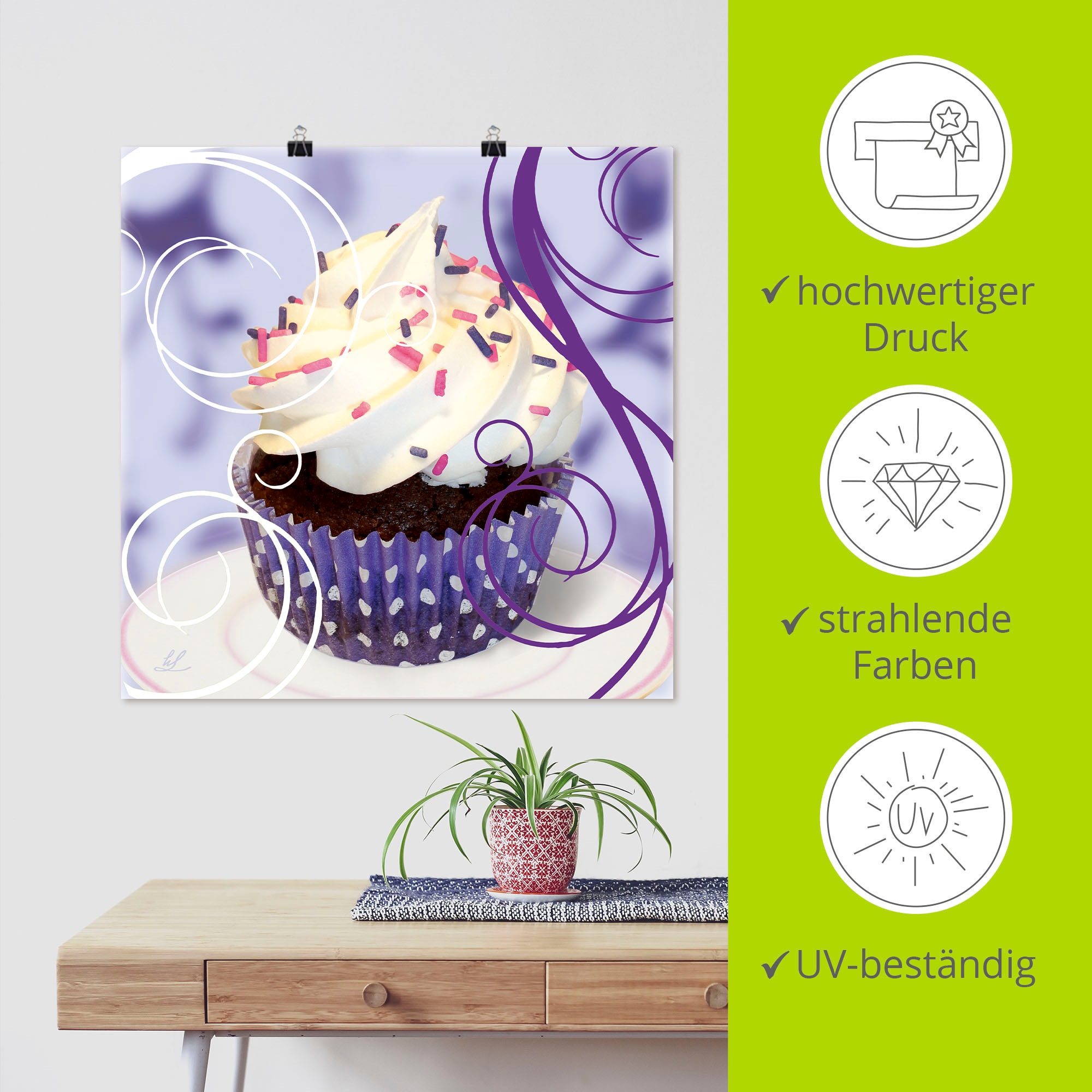 Artland Wandbild »Cupcake auf violett - Kuchen«, Süßspeisen, (1 St.), als Poster, Wandaufkleber in verschied. Größen