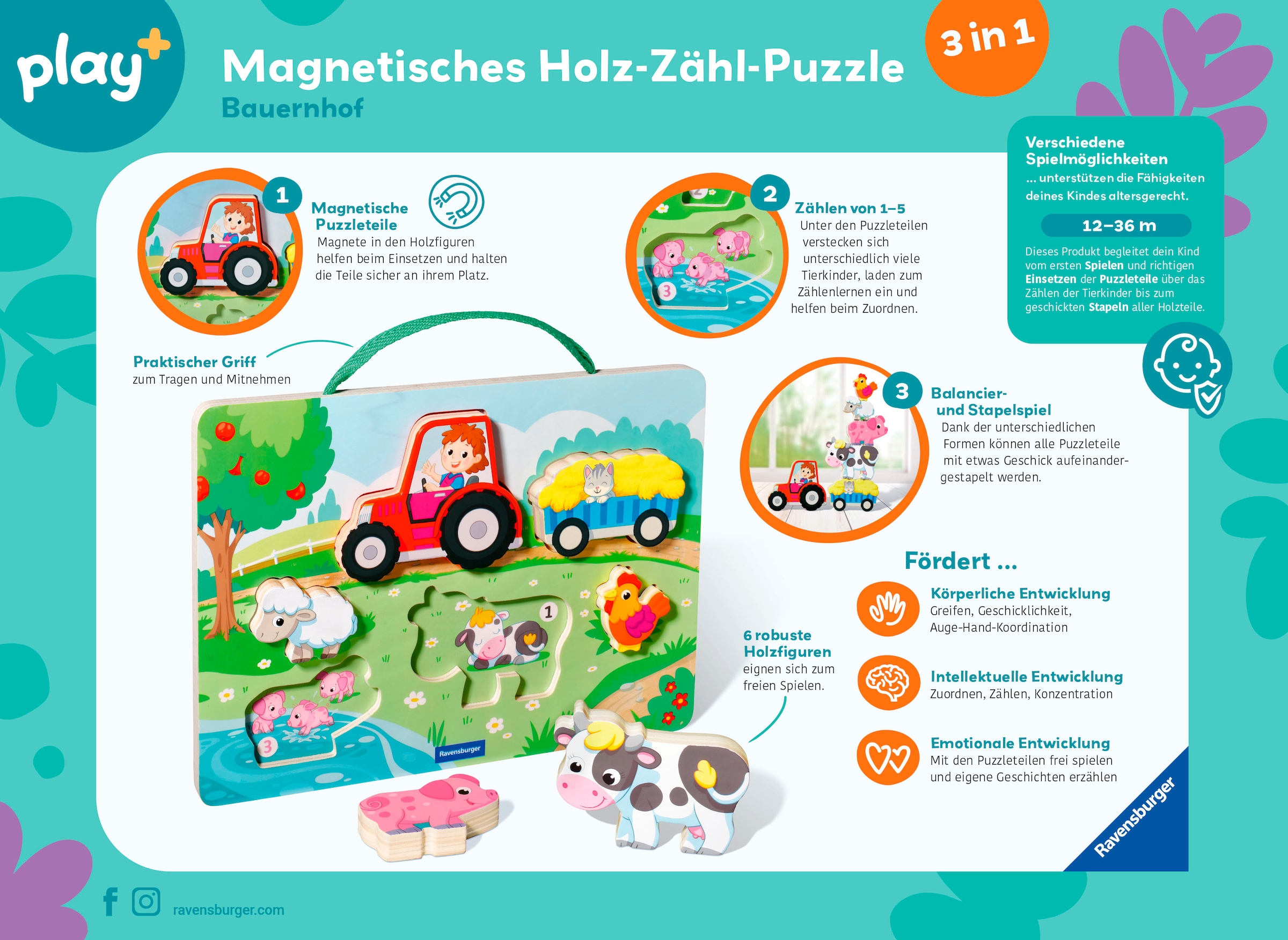 Ravensburger Puzzle »Play+ Magnetisches Holz-Zähl-Puzzl Bauernhof«