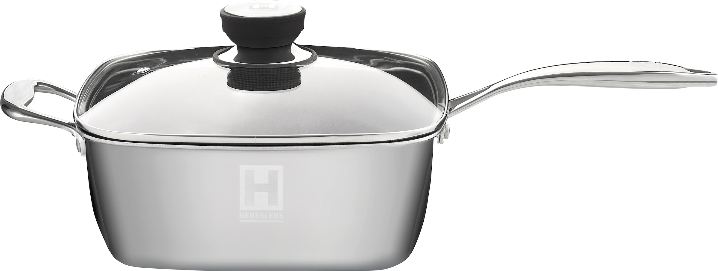 HENSSLERS Servierpfanne »HENSSLERS Edelstahl Viereck-Hochrandpfanne mit Glasdeckel«, Edelstahl, (4 tlg.), inklusive Dünst- und Grilleinsatz