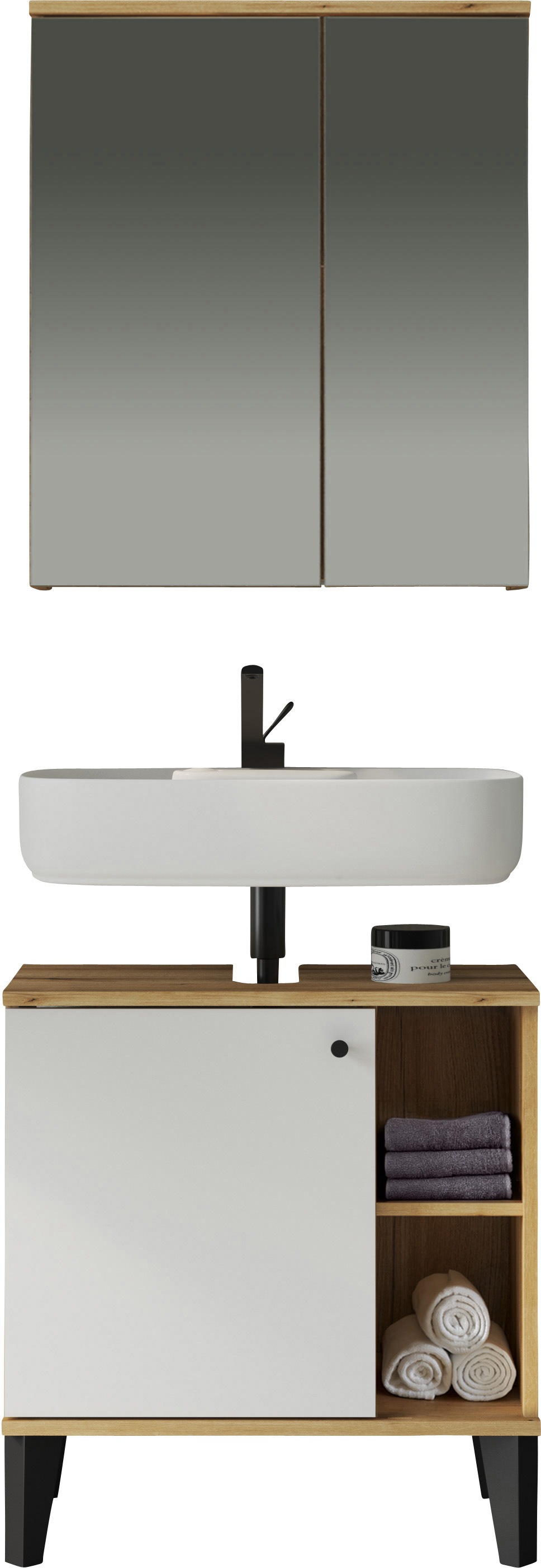 INOSIGN Badmöbel-Set »OSLO, Bad im skandinavischen Design, 2-teiliges Badezimmer«, (Set, 2 St.), Unterschrank und Spiegel, in zwei Farben verfügbar, viel Stauraum