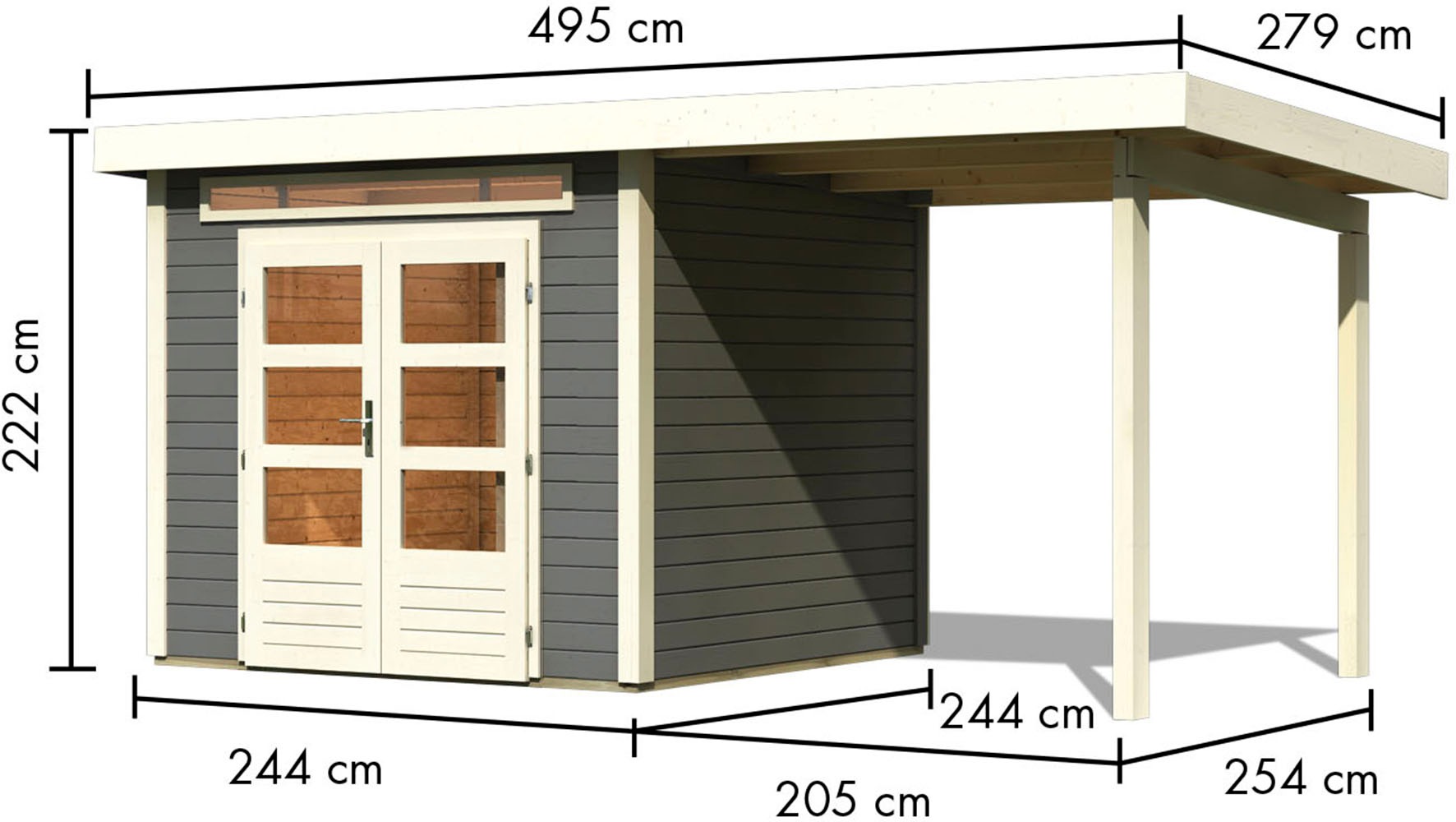 Karibu Gartenhaus »"Ammersee 3" SET mit Anbaudach 2,35m Breite«, naturbelassen oder terragrau