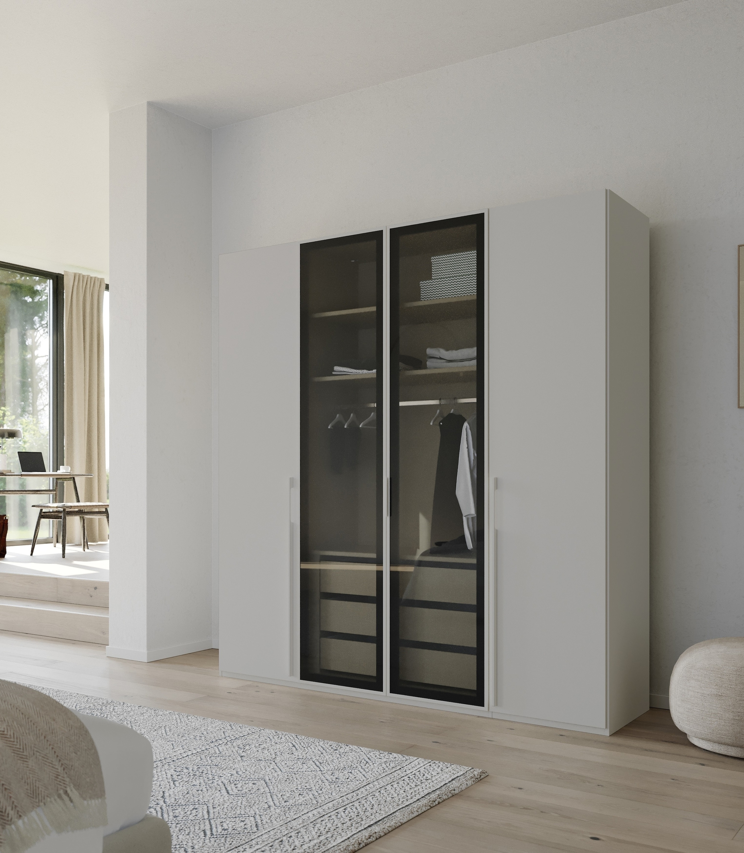 rauch Drehtürenschrank »Kleiderschrank Schrank Garderobe SKAT SHINE mit hochwertigem,«, transparentem Grauglas inkl. umfangreichem Zubehör MADE IN GERMANY