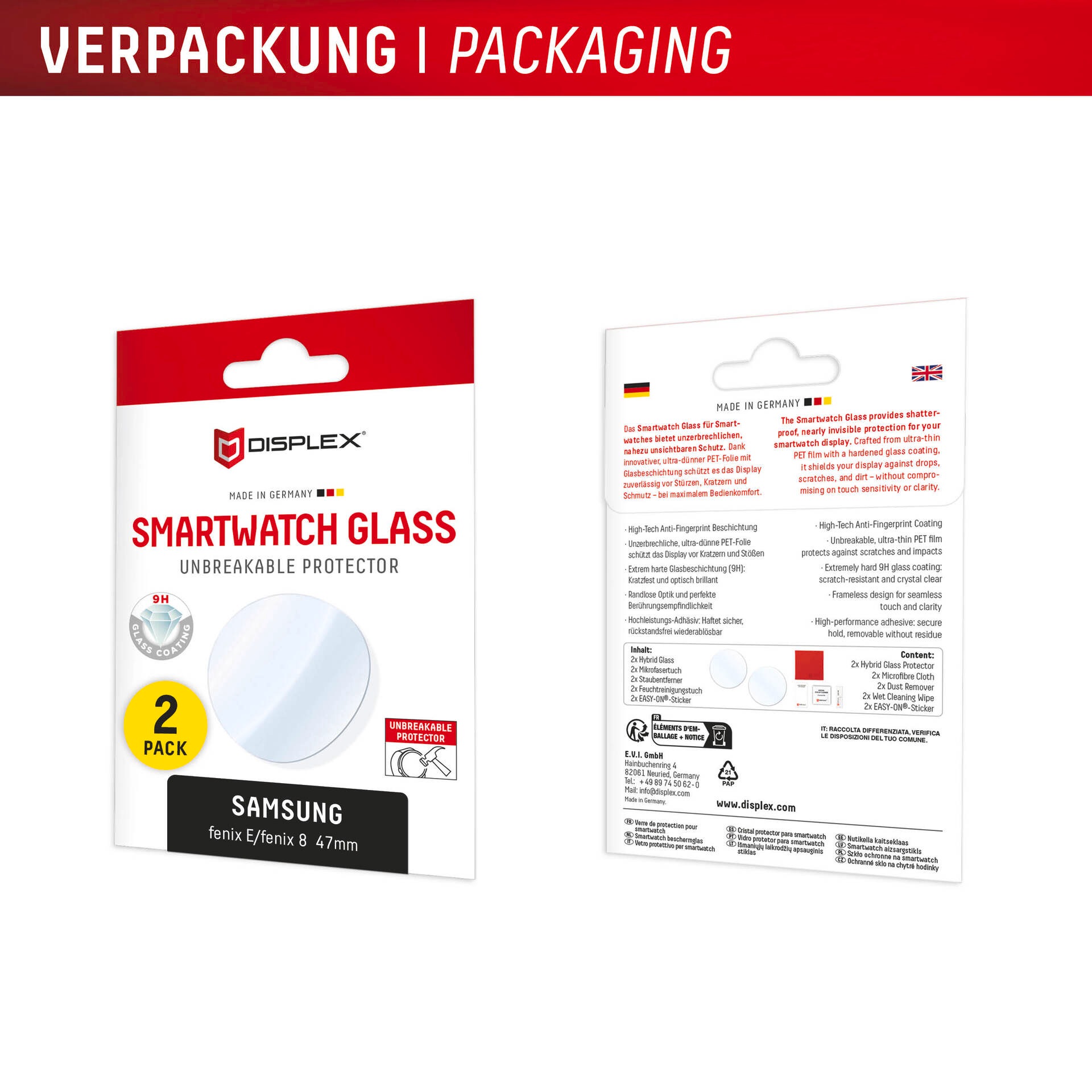 Displex Displayschutzglas »Smartwatch Glass Unbreakable Protector« für Garmin fenix E 47 mm;Garmin fenix 8 47 mm Packung, 2x Hybrid Glass,  Displayschutzfolie, Schutzfolie, Bildschirmschutz, kratz- & stoßfest