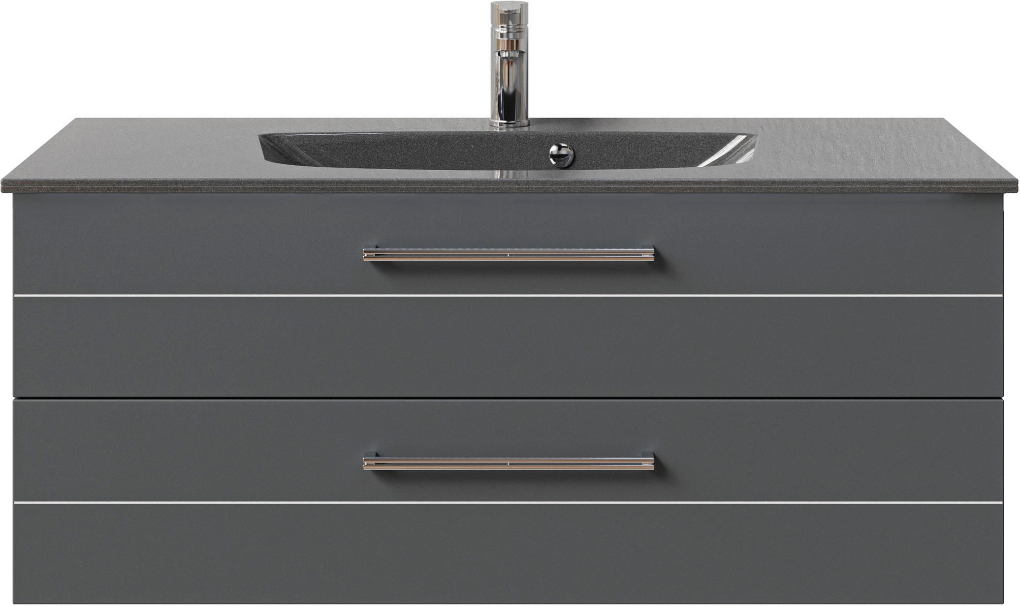 Saphir Badmöbel-Set »Serie 6025 2-teilig Mineralmarmor-Waschtisch mit LED-Spiegelschrank«, (2 St.), Waschplatz 117cm breit, 2 Schubladen, 3 Spiegel-Türen, inkl Türdämpfer